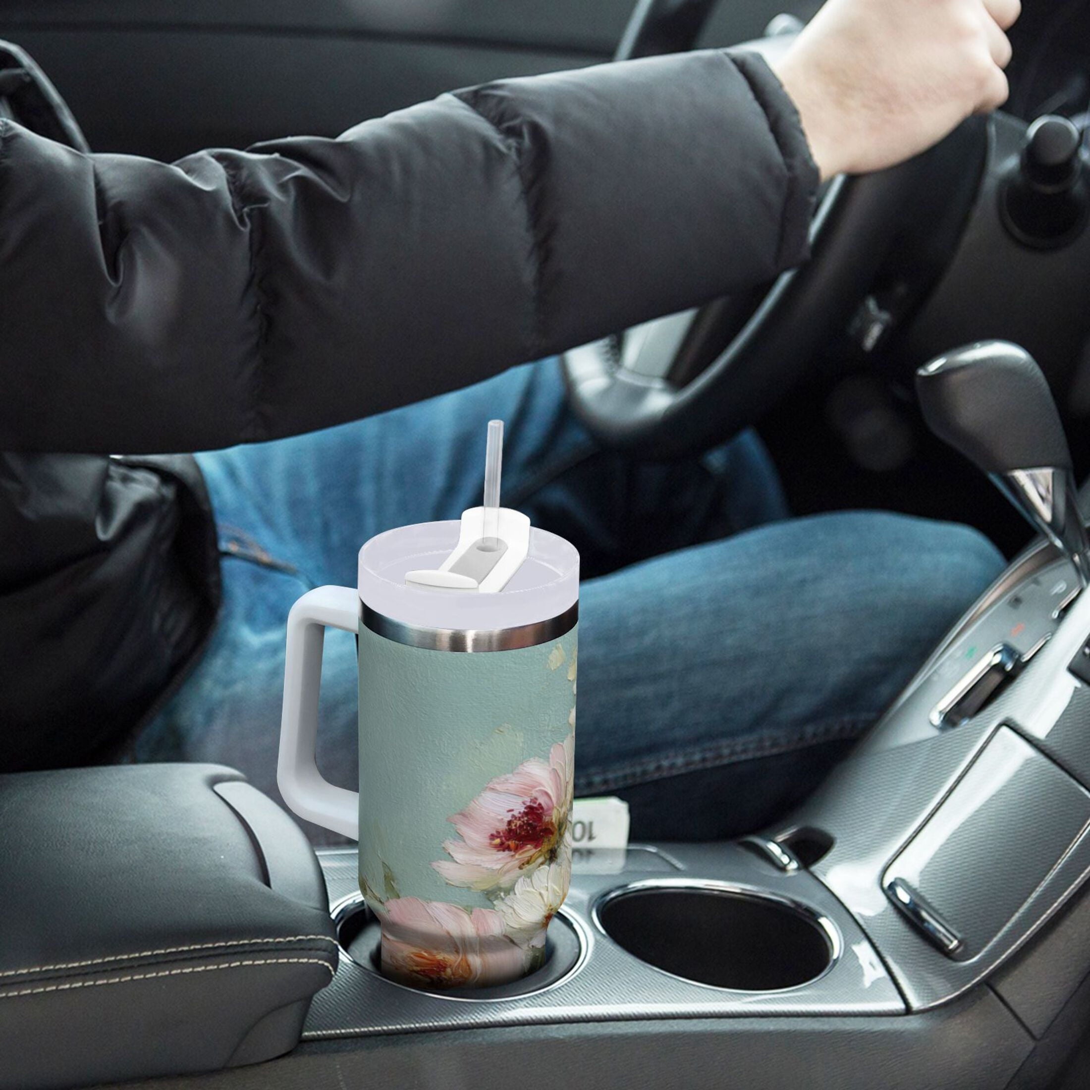 40 oz Insulated Stainless Steel Tumbler Double Wall Stainless Steel Tumbler with 2-Way Drinking Vintage Peonies and Daisies 037B