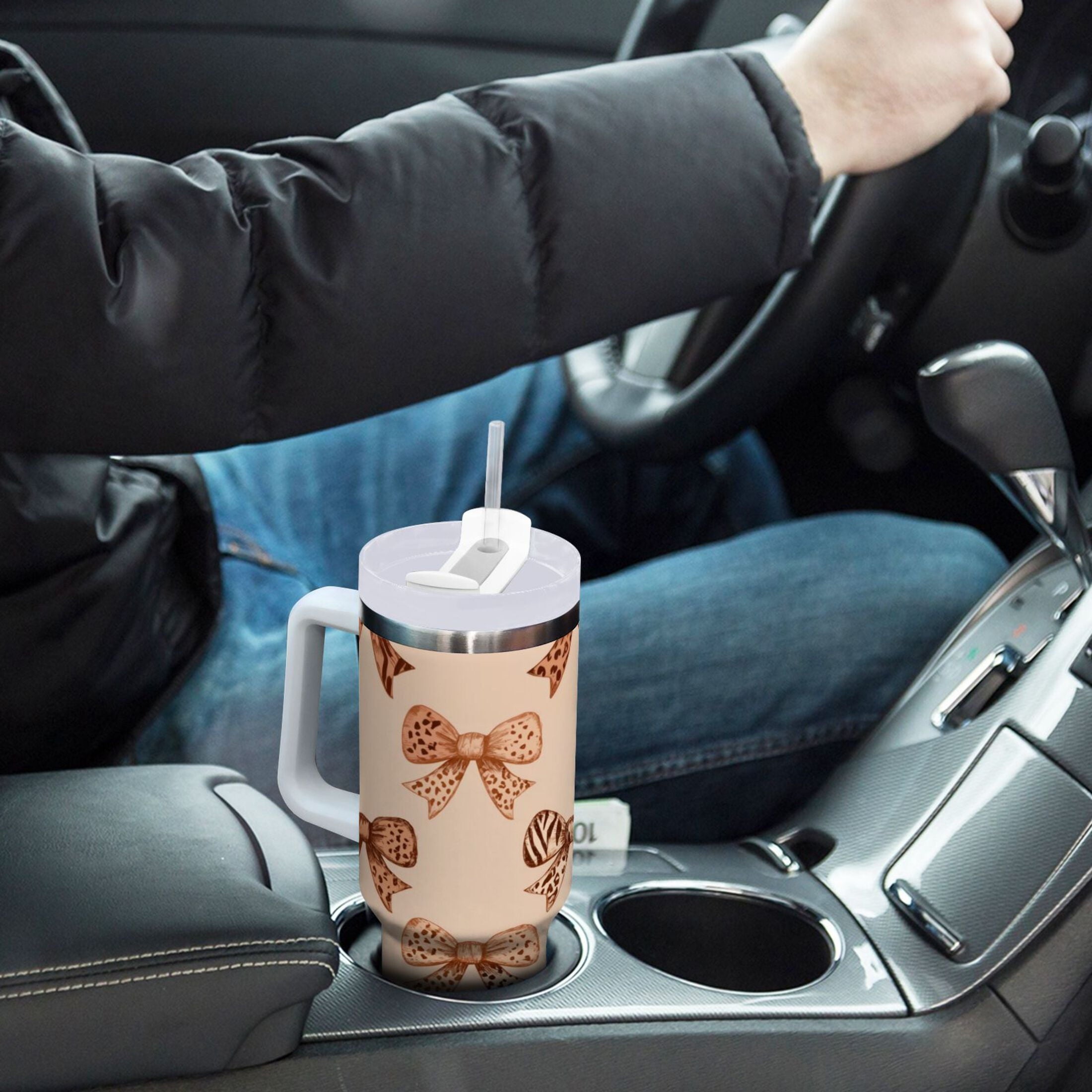 40 oz Insulated Stainless Steel Tumbler Double Wall Stainless Steel Tumbler with 2-Way Drinking Leopard Print Bow 59TL