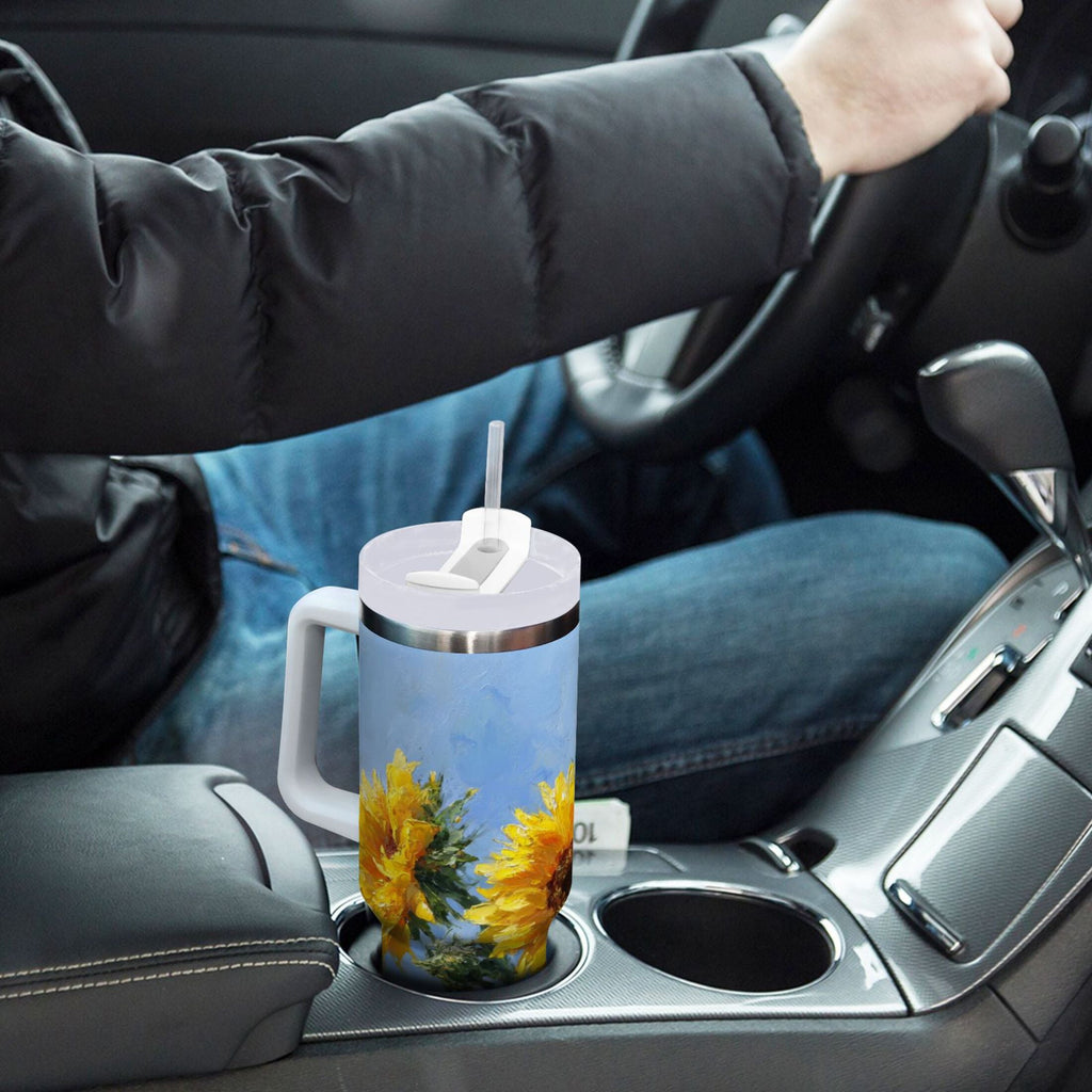 40 oz Insulated Stainless Steel Tumbler Double Wall Stainless Steel Tumbler with 2-Way Drinking Sunflowers Painting 0U05
