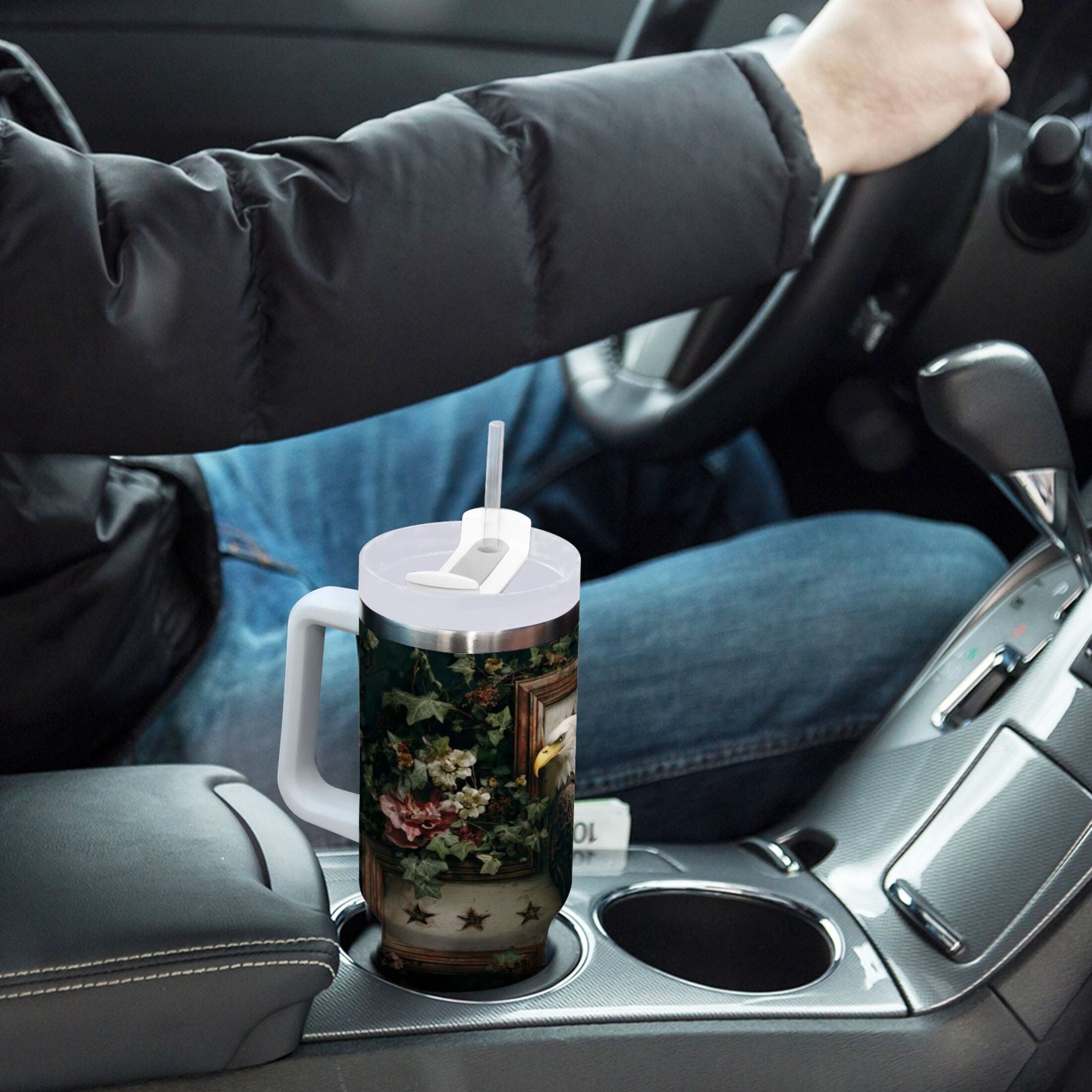 30 oz Insulated Stainless Steel Tumbler Double Wall Stainless Steel Tumbler with 2-Way Drinking Wreath and Bald Eagle 1YL5