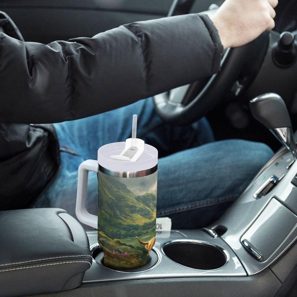 30 oz Insulated Stainless Steel Tumbler Double Wall Stainless Steel Tumbler with 2-Way Drinking Cow in Green Rolling Hills 2PST