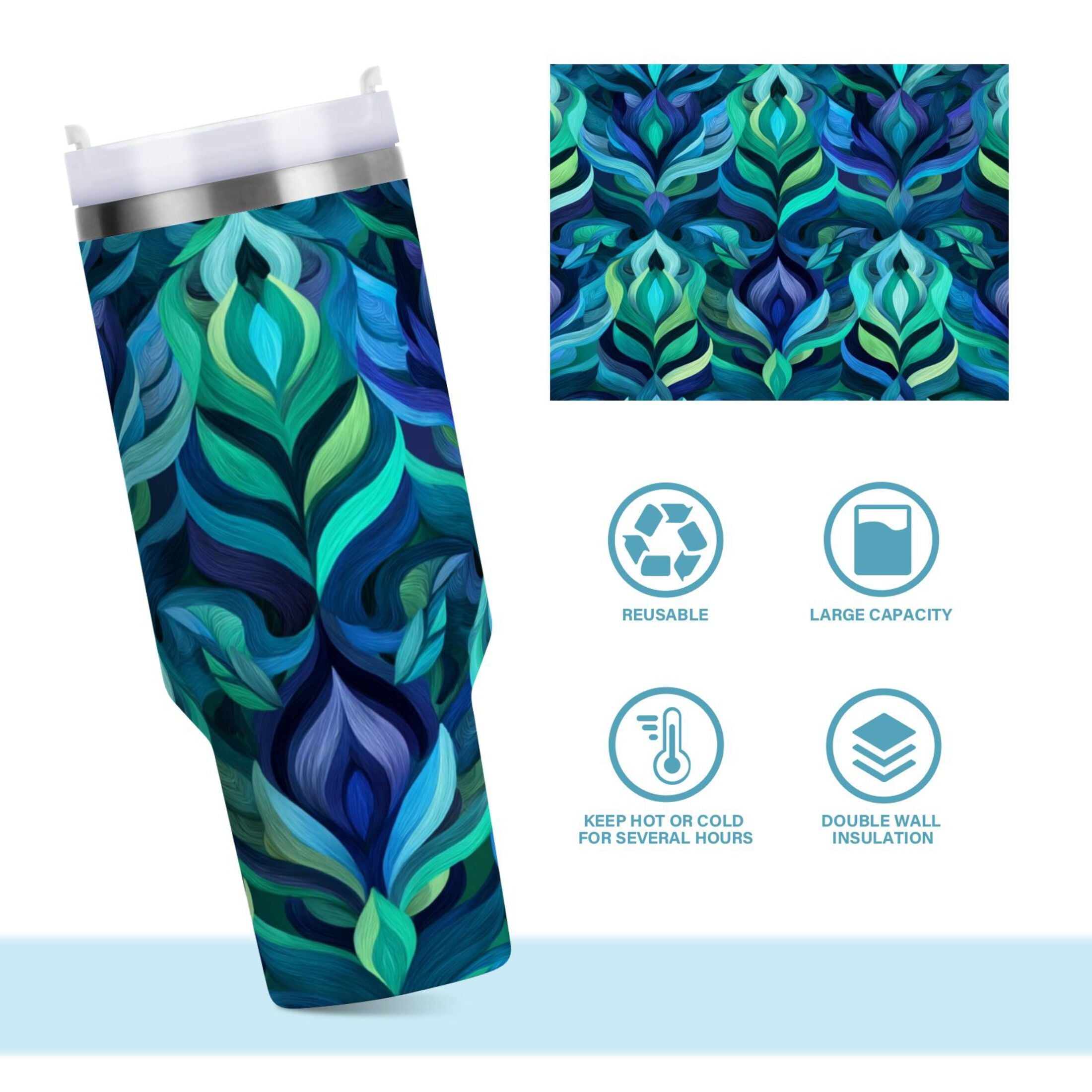40 oz Insulated Stainless Steel Tumbler Double Wall Stainless Steel Tumbler with 2-Way Drinking Elegant Blue Abstract Shapes 8BDA