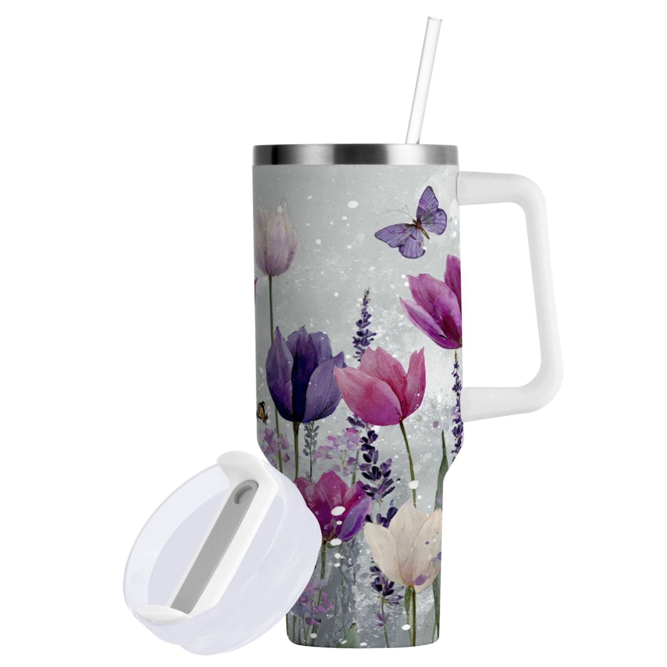 40 oz Insulated Stainless Steel Tumbler Double Wall Stainless Steel Tumbler with 2-Way Drinking Colorful Tulips and Lavender 1FPO
