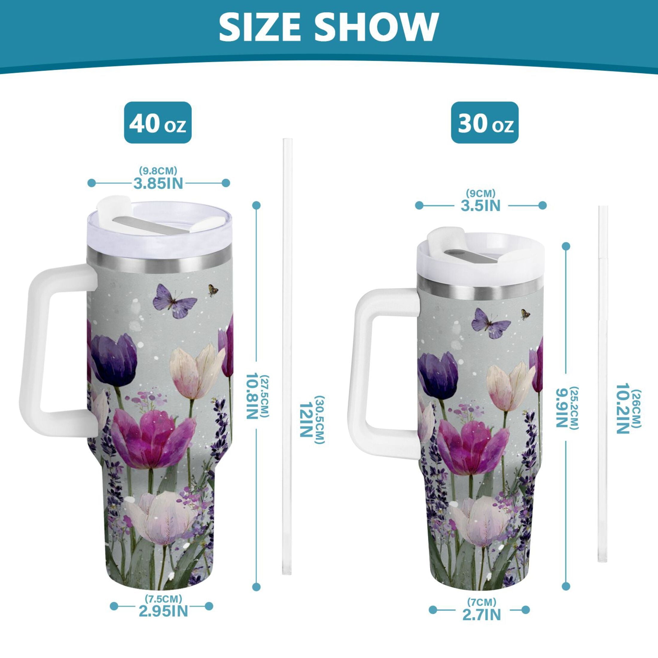 40 oz Insulated Stainless Steel Tumbler Double Wall Stainless Steel Tumbler with 2-Way Drinking Colorful Tulips and Lavender 1FPO