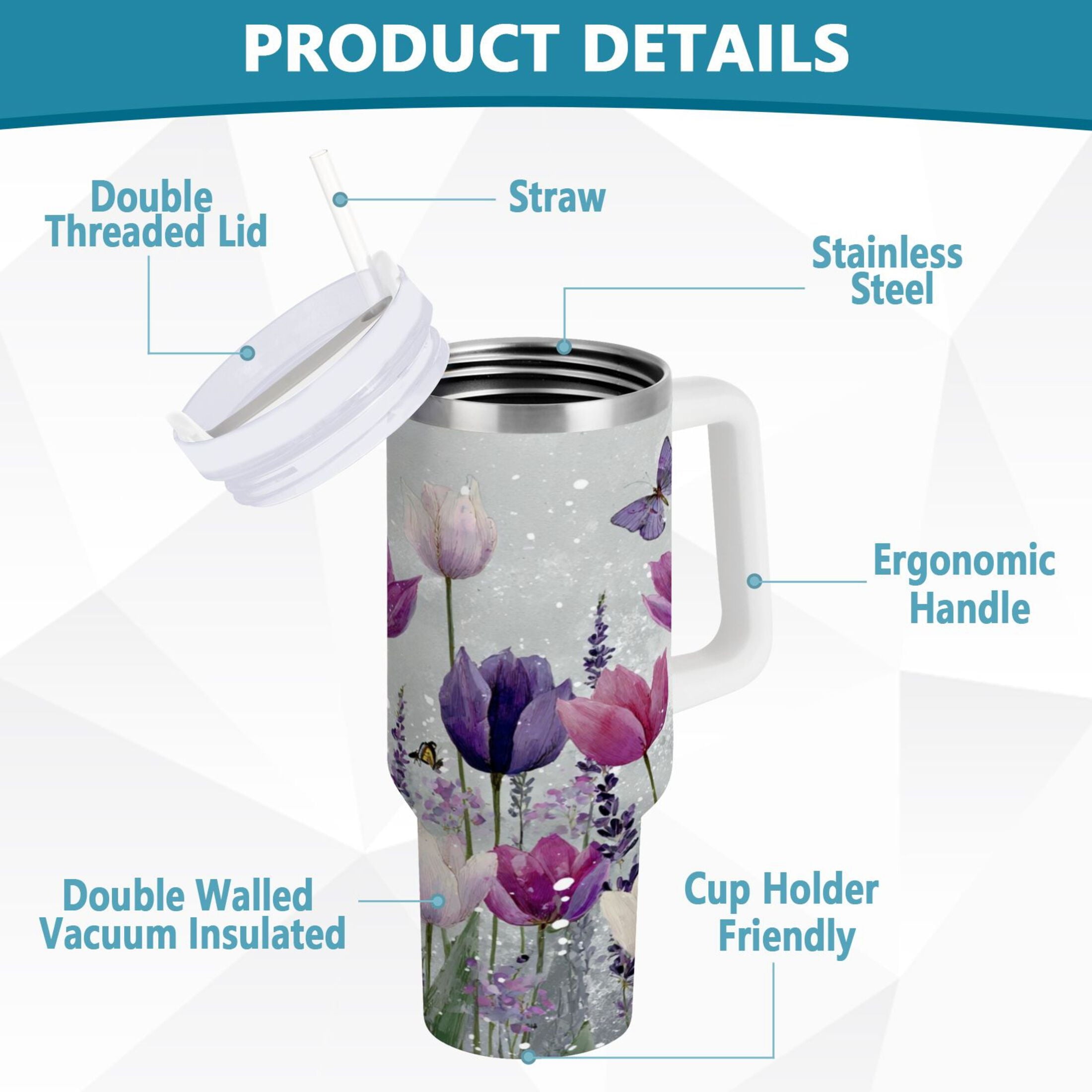 40 oz Insulated Stainless Steel Tumbler Double Wall Stainless Steel Tumbler with 2-Way Drinking Colorful Tulips and Lavender 1FPO