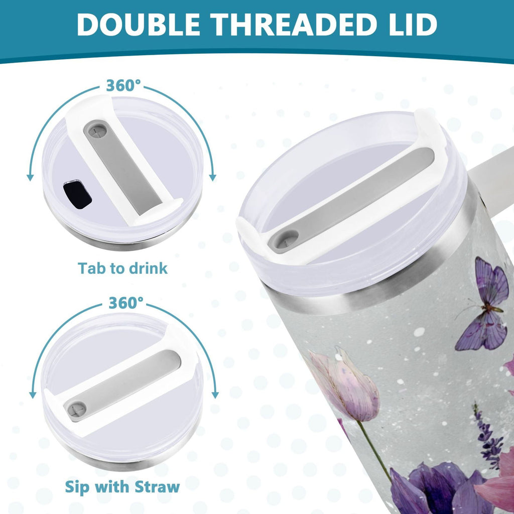 40 oz Insulated Stainless Steel Tumbler Double Wall Stainless Steel Tumbler with 2-Way Drinking Colorful Tulips and Lavender 1FPO