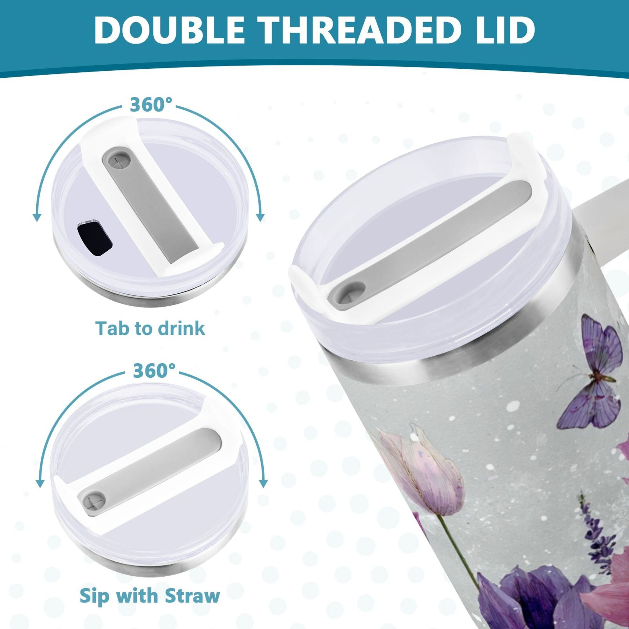 40 oz Insulated Stainless Steel Tumbler Double Wall Stainless Steel Tumbler with 2-Way Drinking Colorful Tulips and Lavender 1FPO