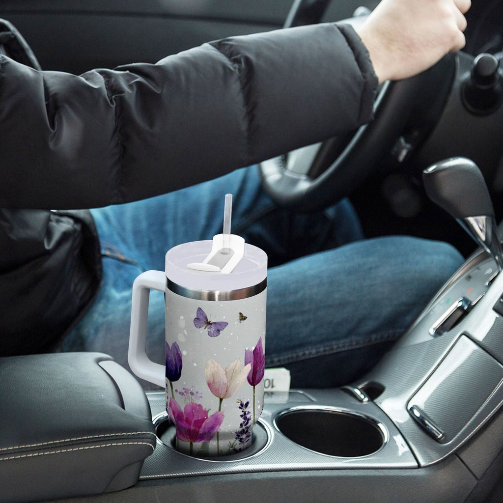 40 oz Insulated Stainless Steel Tumbler Double Wall Stainless Steel Tumbler with 2-Way Drinking Colorful Tulips and Lavender 1FPO
