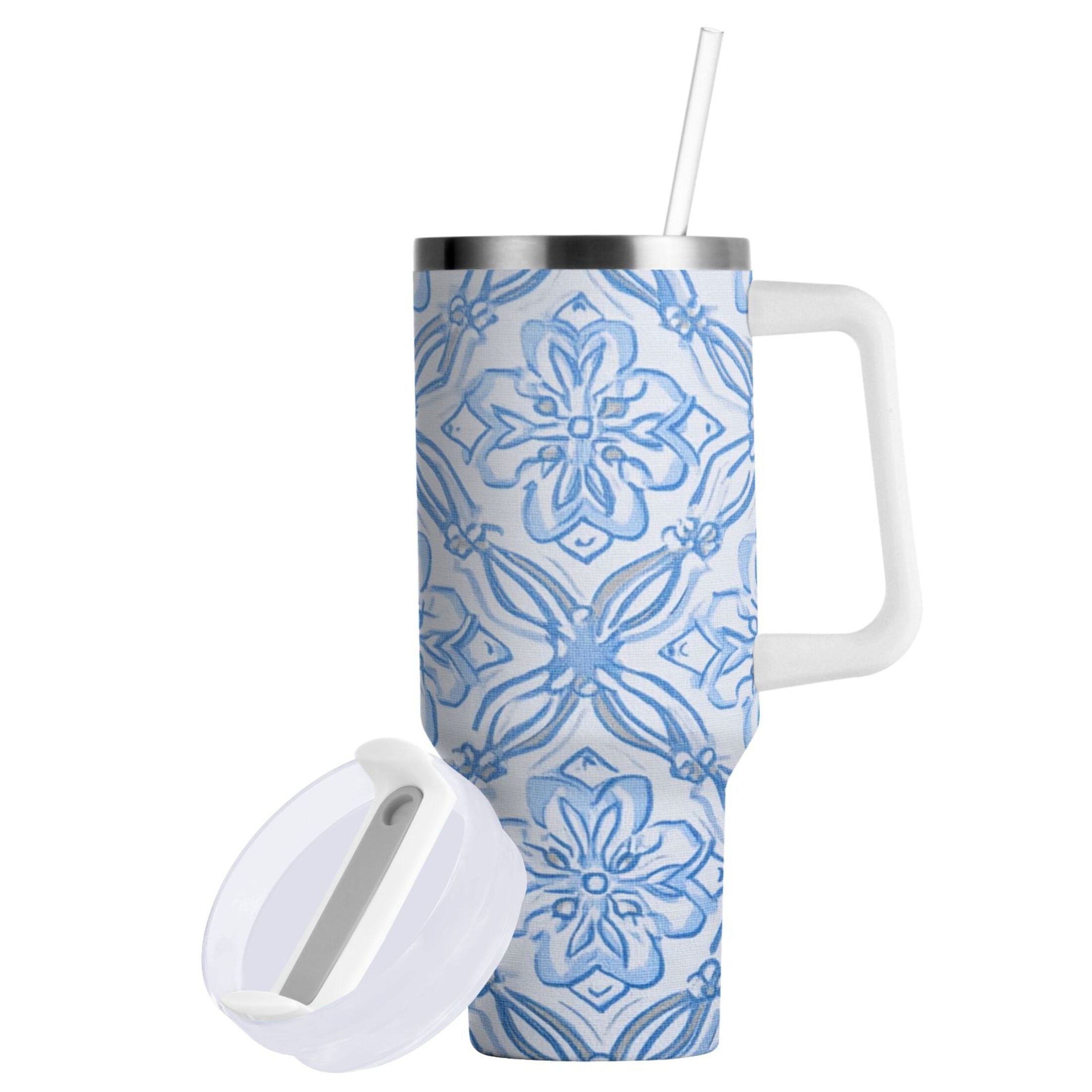 30 oz Insulated Stainless Steel Tumbler Double Wall Stainless Steel Tumbler with 2-Way Drinking Blue Elegant Geometric Design JKL5