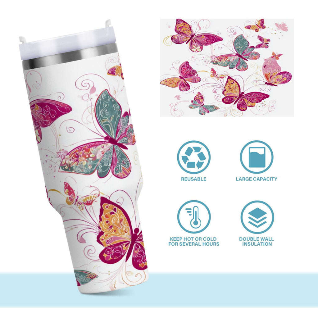 30 oz Insulated Stainless Steel Tumbler Double Wall Stainless Steel Tumbler with 2-Way Drinking Colorful Butterflies 25QE