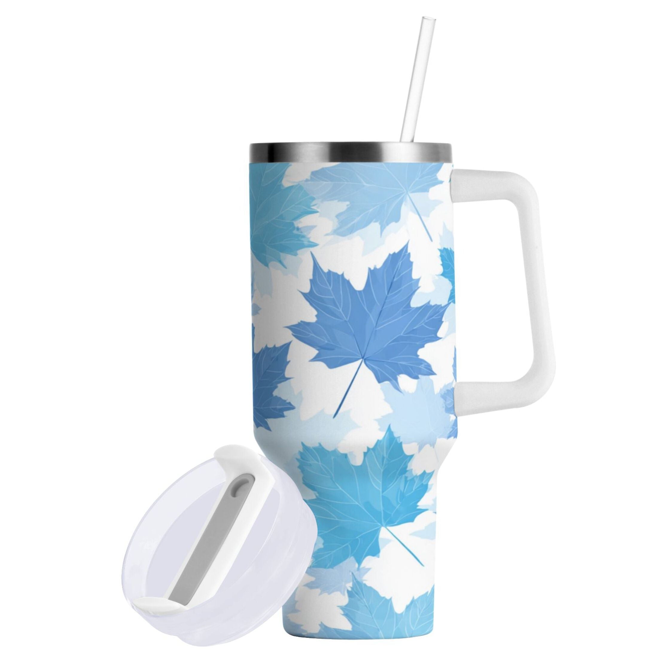 30 oz Insulated Stainless Steel Tumbler Double Wall Stainless Steel Tumbler with 2-Way Drinking Light Blue Maple Leaves KZD1