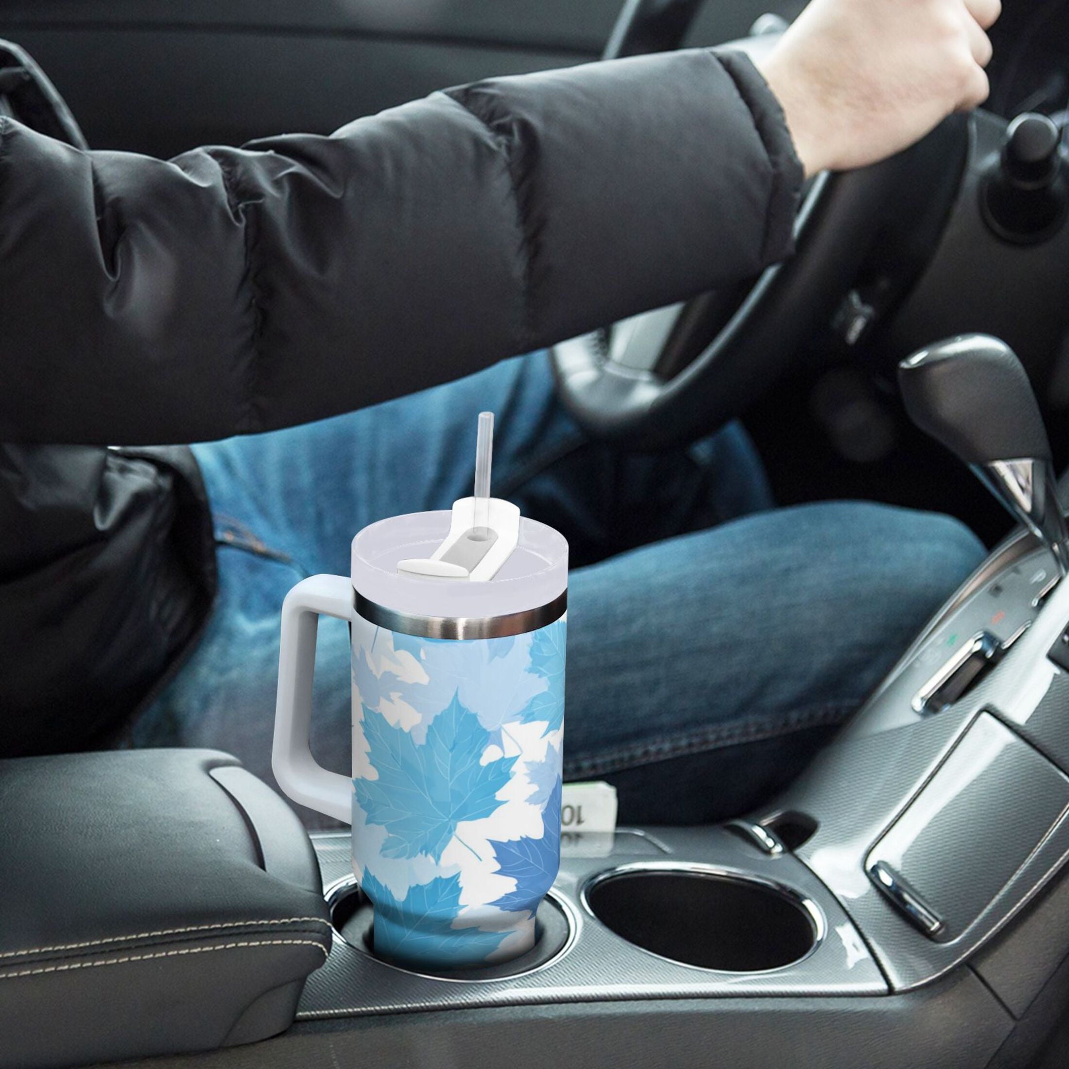 30 oz Insulated Stainless Steel Tumbler Double Wall Stainless Steel Tumbler with 2-Way Drinking Light Blue Maple Leaves KZD1