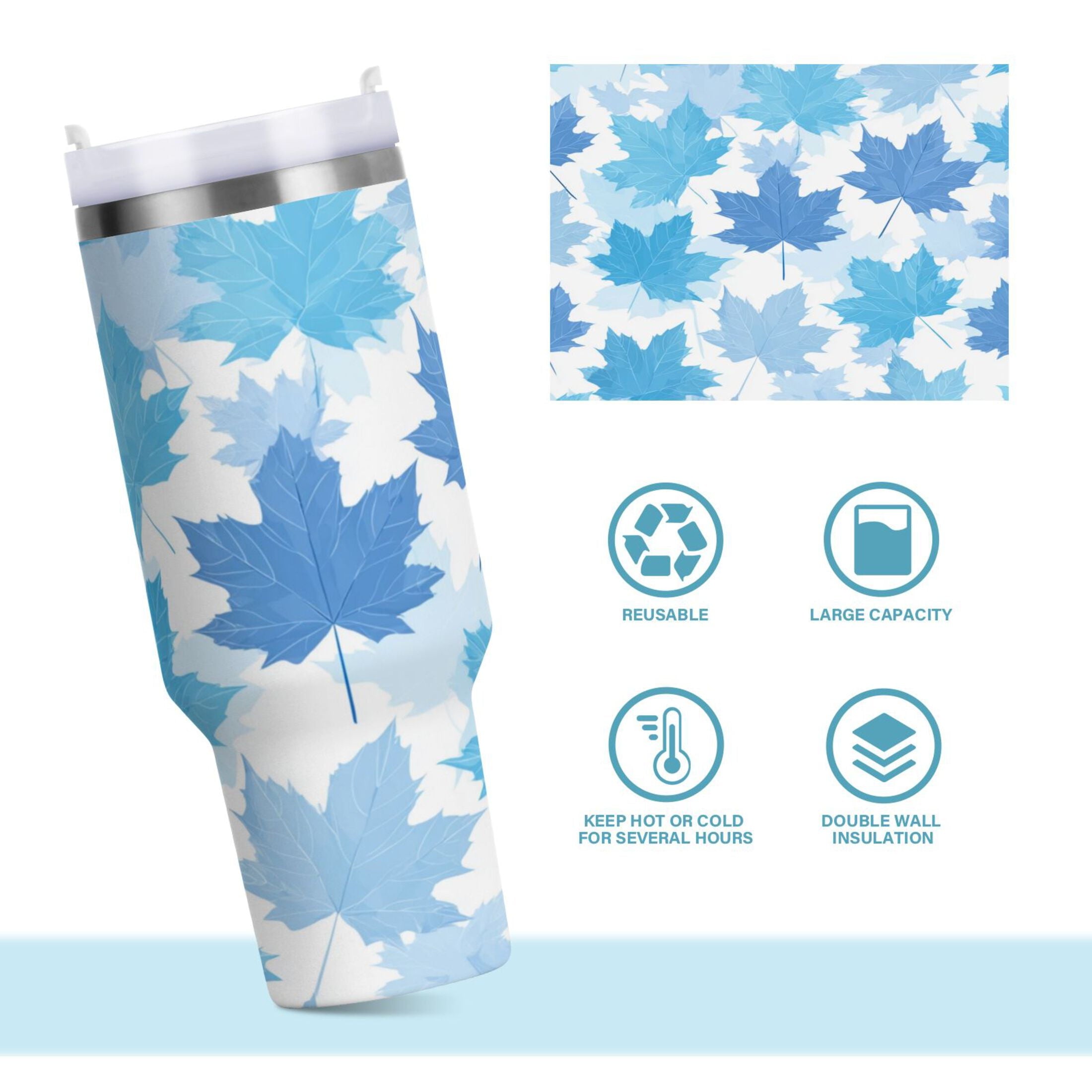 30 oz Insulated Stainless Steel Tumbler Double Wall Stainless Steel Tumbler with 2-Way Drinking Light Blue Maple Leaves KZD1