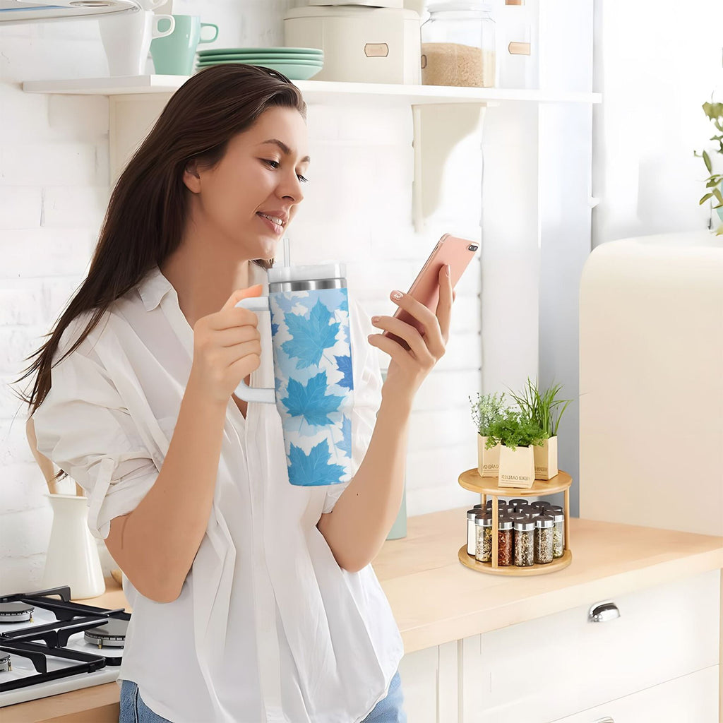 30 oz Insulated Stainless Steel Tumbler Double Wall Stainless Steel Tumbler with 2-Way Drinking Light Blue Maple Leaves KZD1