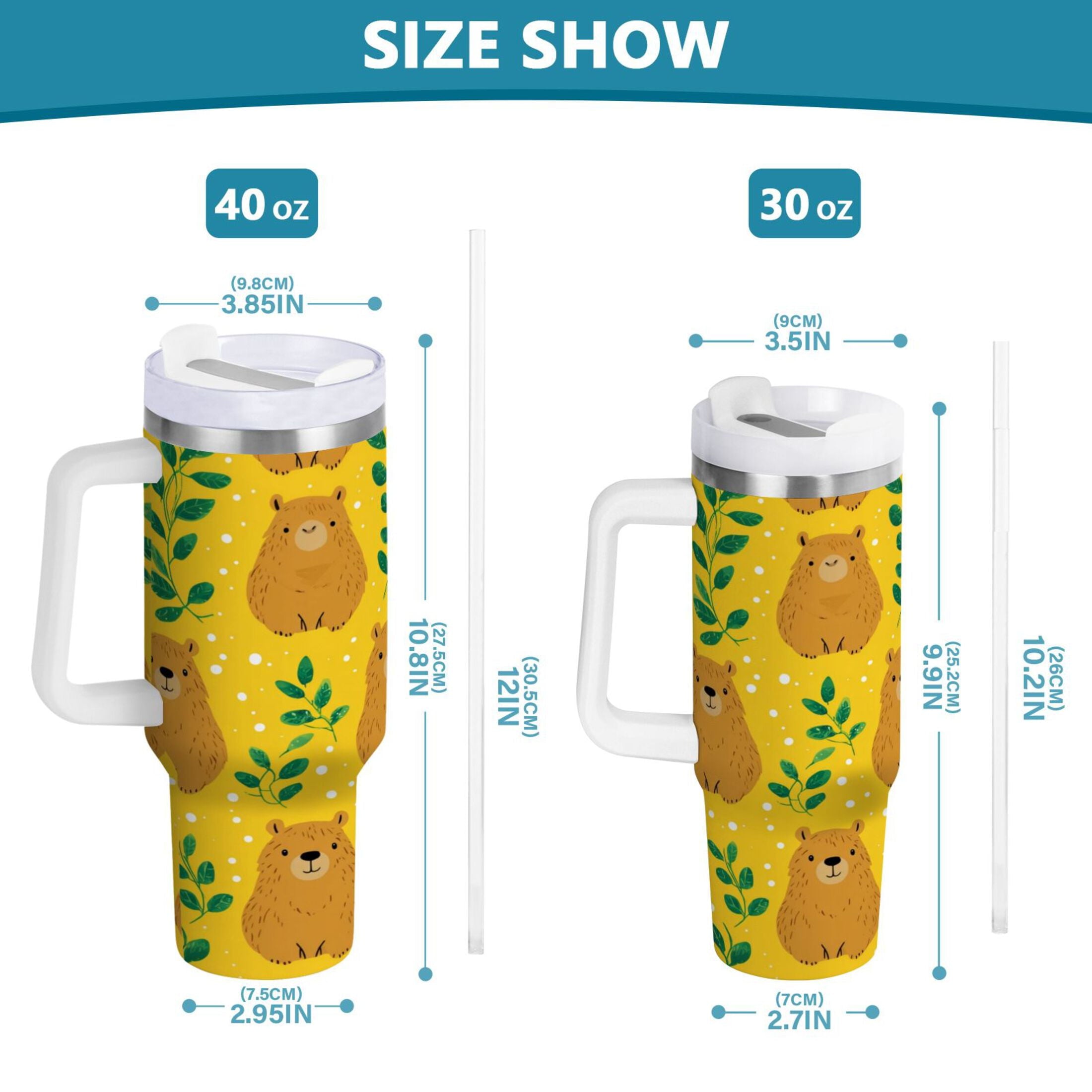 30 oz Insulated Stainless Steel Tumbler Double Wall Stainless Steel Tumbler with 2-Way Drinking Capybara and Green Leaves 35Y9