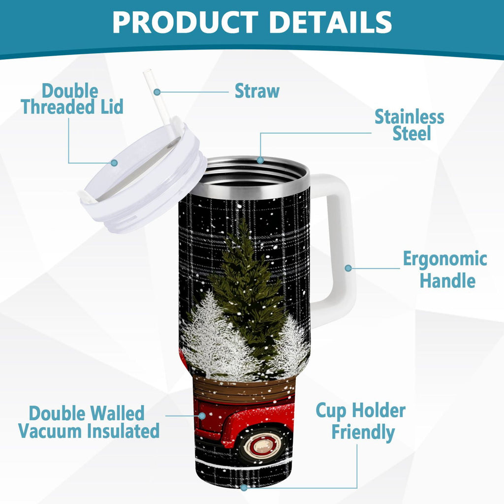 40 oz Insulated Stainless Steel Tumbler Double Wall Stainless Steel Tumbler with 2-Way Drinking Red Truck with Christmas Tree H1CN