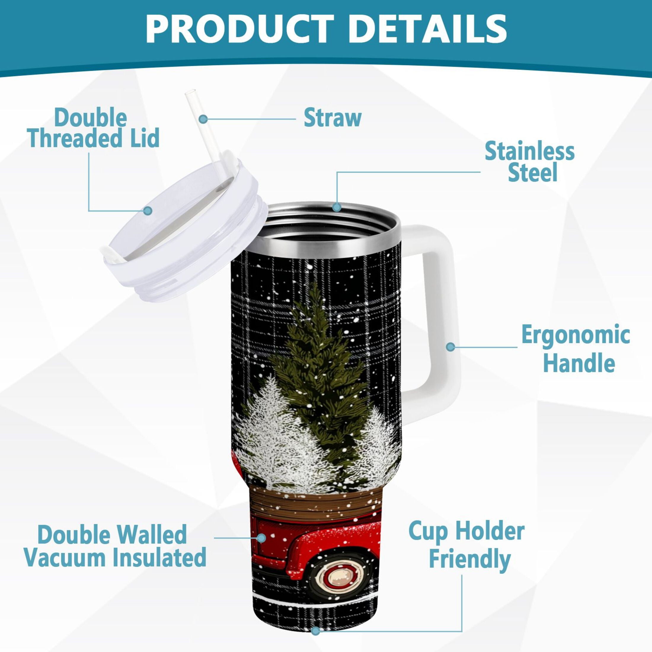 40 oz Insulated Stainless Steel Tumbler Double Wall Stainless Steel Tumbler with 2-Way Drinking Red Truck with Christmas Tree H1CN