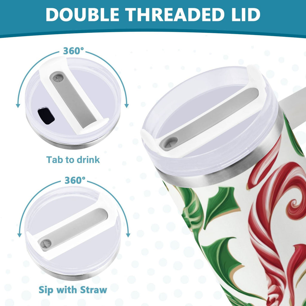 40 oz Insulated Stainless Steel Tumbler Double Wall Stainless Steel Tumbler with 2-Way Drinking Red and Green Candy-cane 344Z