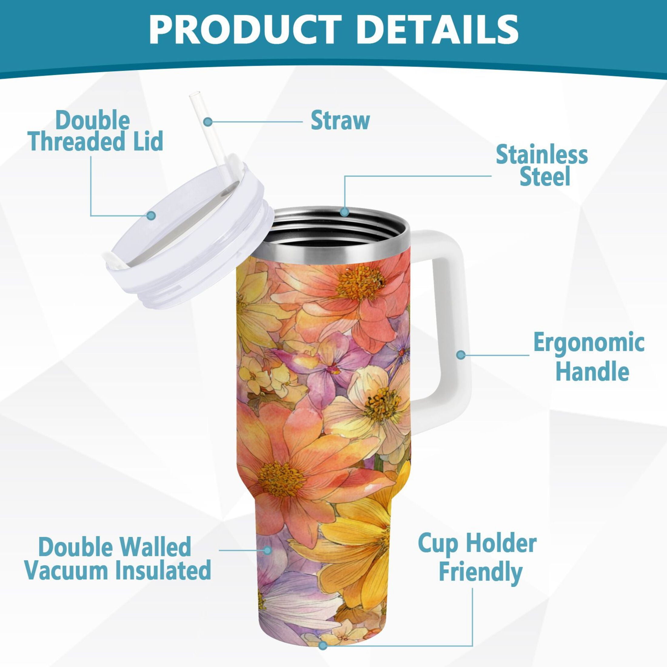 30 oz Insulated Stainless Steel Tumbler Double Wall Stainless Steel Tumbler with 2-Way Drinking Summer Blossoms XJY8