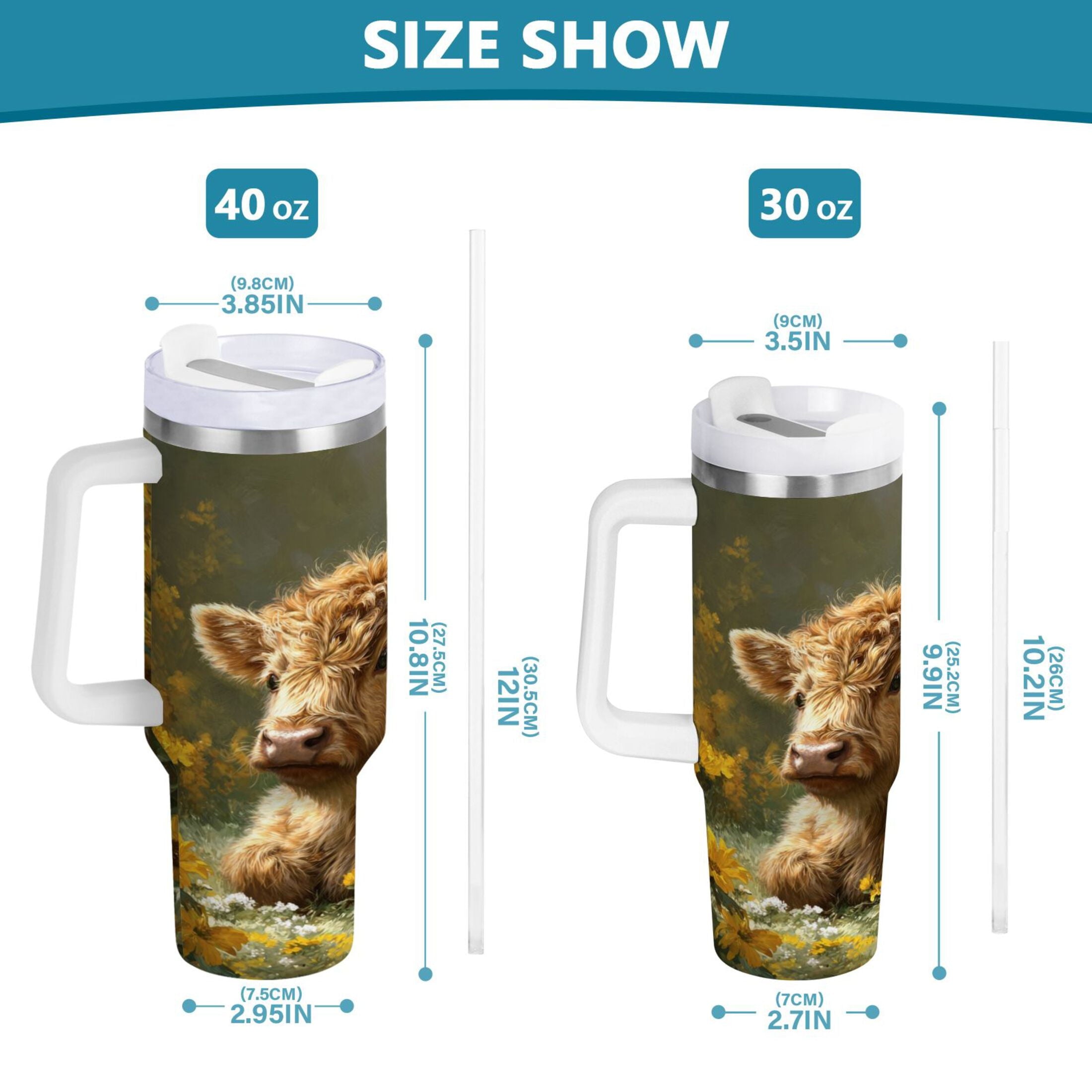 40 oz Insulated Stainless Steel Tumbler Double Wall Stainless Steel Tumbler with 2-Way Drinking Cow Lying in Sunflowers E1XS