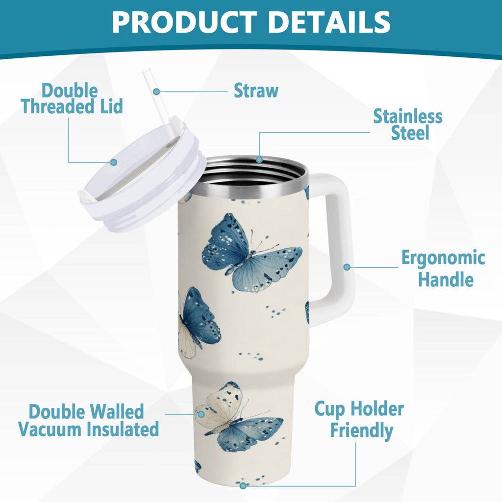 30 oz Insulated Stainless Steel Tumbler Double Wall Stainless Steel Tumbler with 2-Way Drinking Blue Watercolor Butterflies W47M
