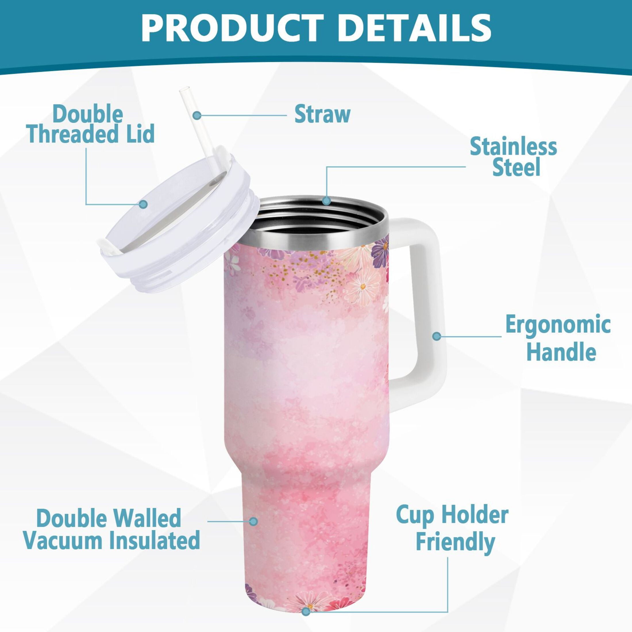 30 oz Insulated Stainless Steel Tumbler Double Wall Stainless Steel Tumbler with 2-Way Drinking Colorful Pastel Floral Pattern X2K7