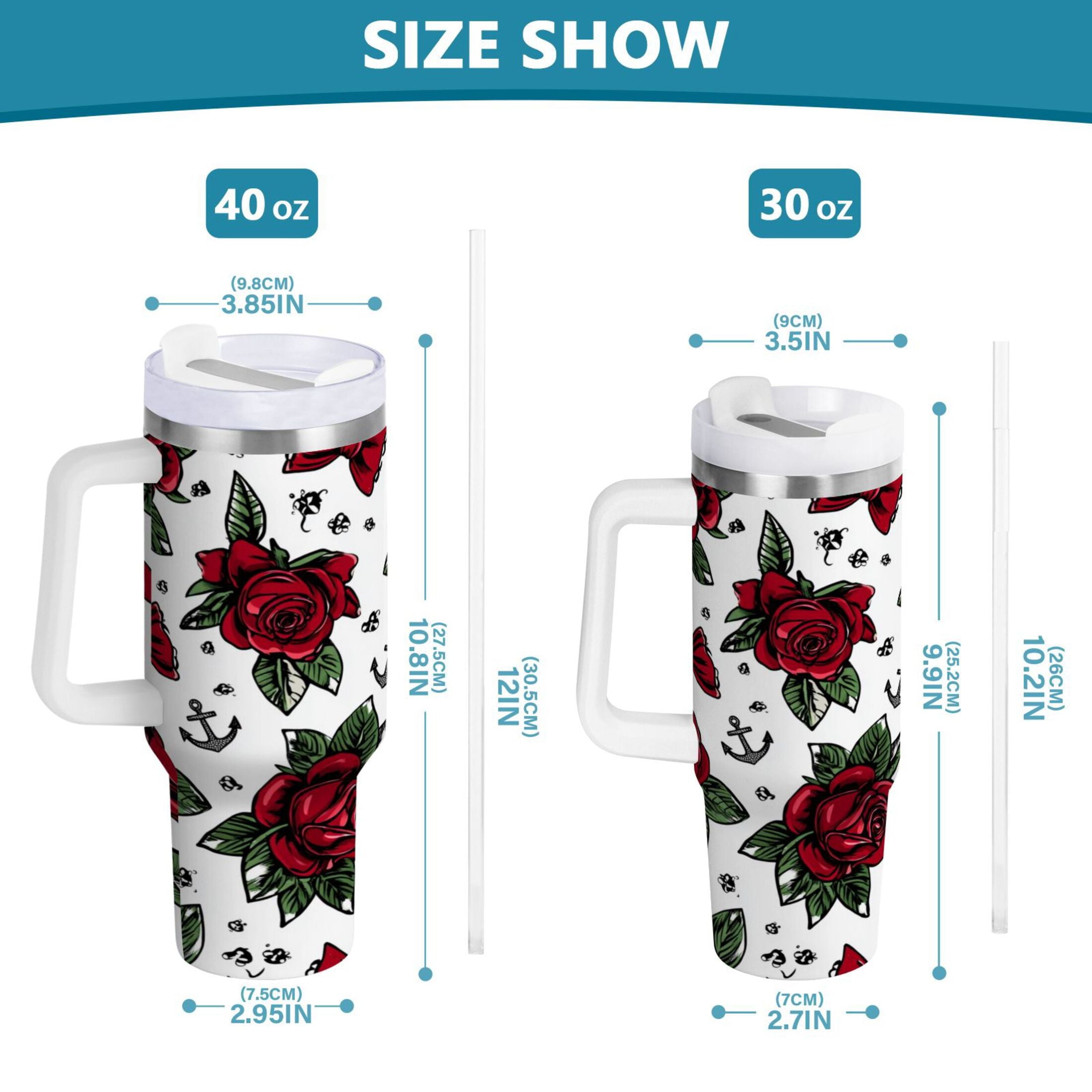 40 oz Insulated Stainless Steel Tumbler Double Wall Stainless Steel Tumbler with 2-Way Drinking Red Roses and Cherries IIQ7
