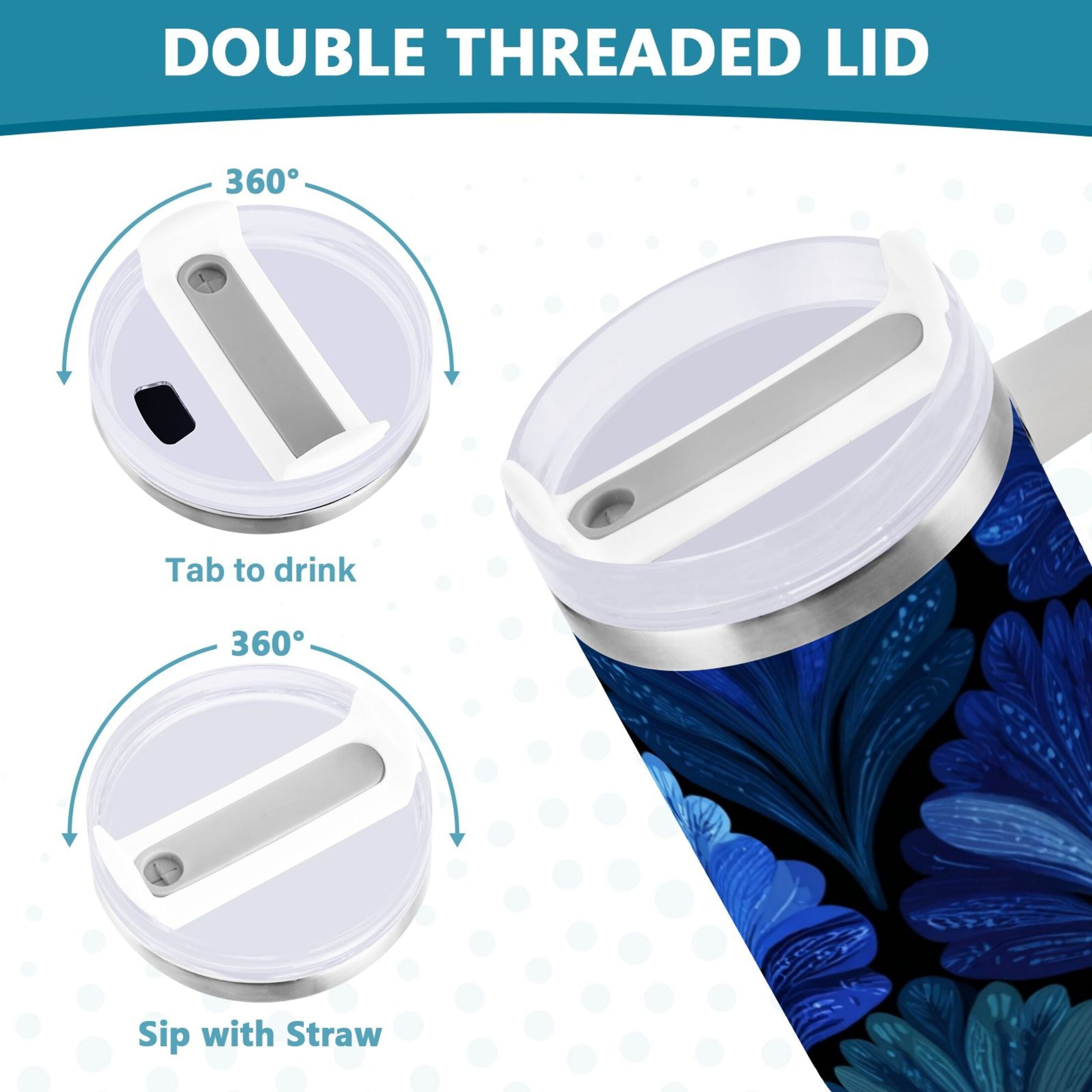 30 oz Insulated Stainless Steel Tumbler Double Wall Stainless Steel Tumbler with 2-Way Drinking Blue Batik Leaves Pattern C787