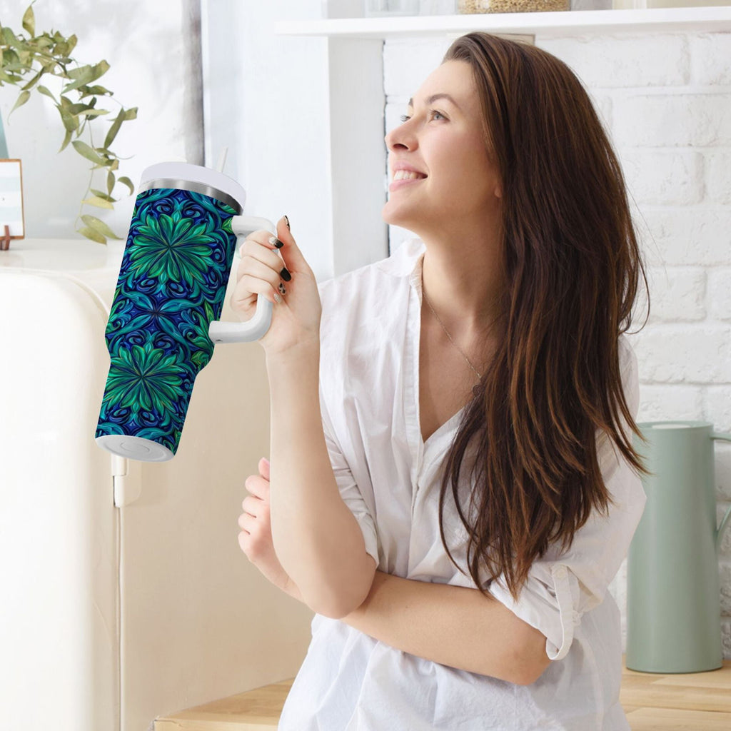 40 oz Insulated Stainless Steel Tumbler Double Wall Stainless Steel Tumbler with 2-Way Drinking Elegant Blue Traditional Patterns 99BN