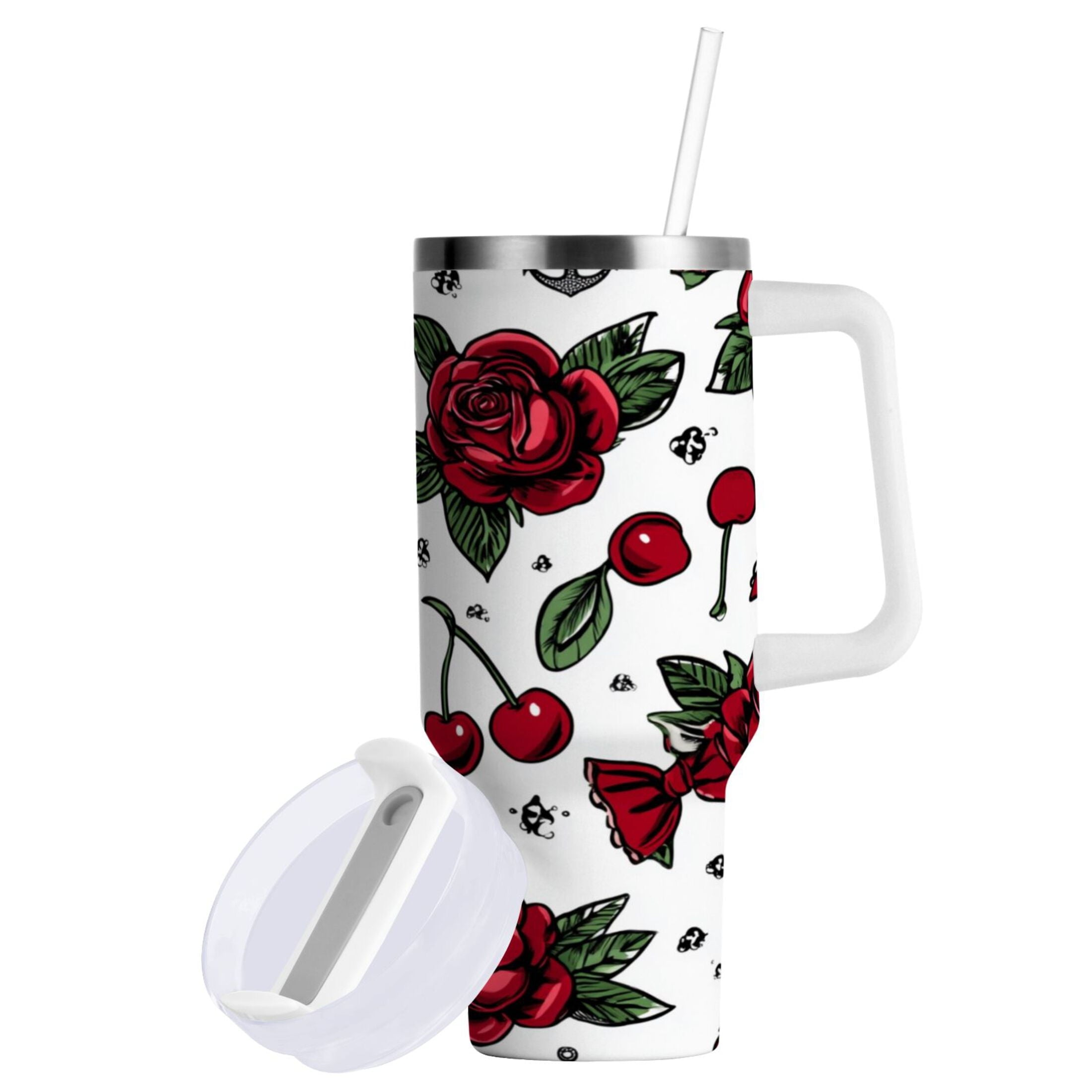 40 oz Insulated Stainless Steel Tumbler Double Wall Stainless Steel Tumbler with 2-Way Drinking Red Roses and Cherries IIQ7