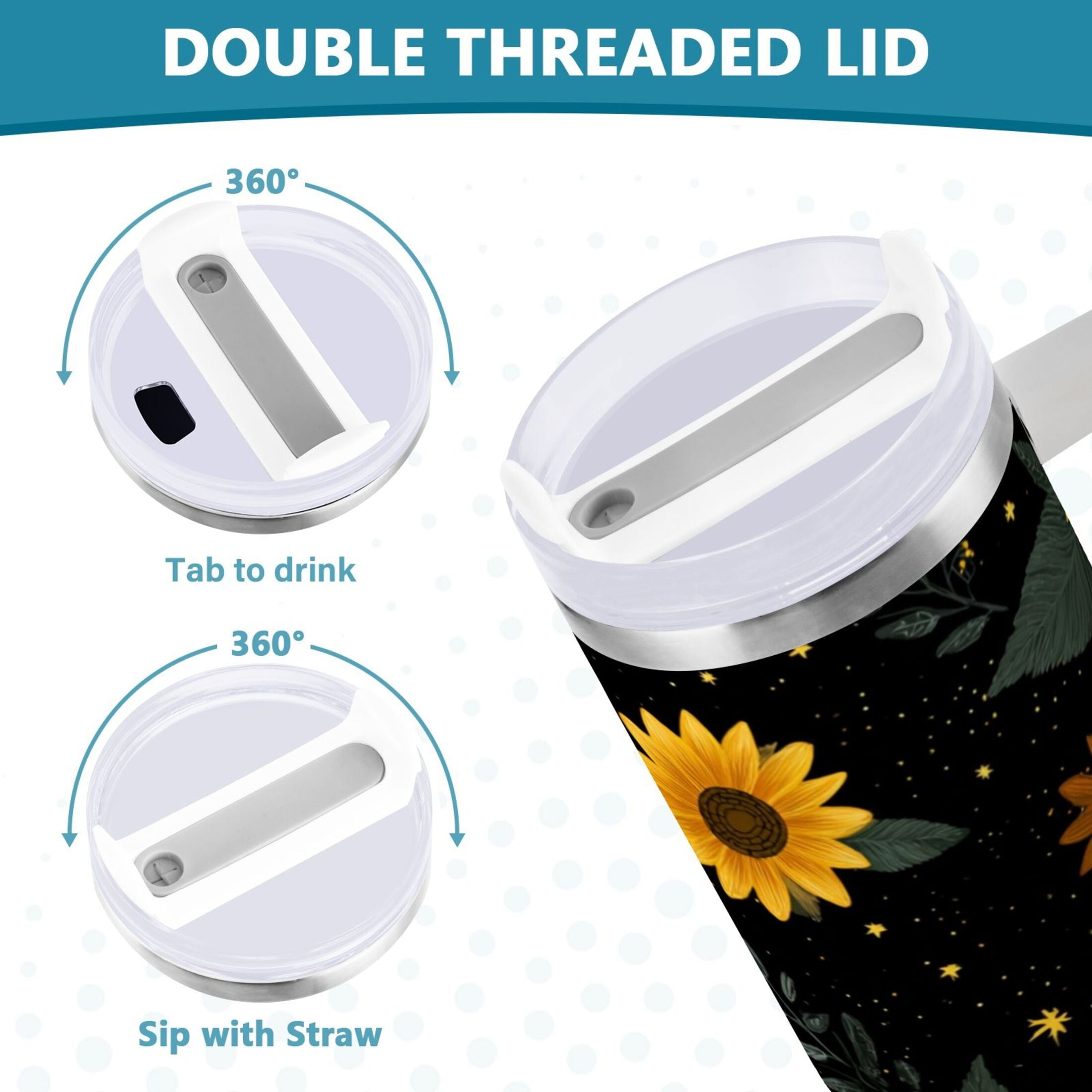 30 oz Insulated Stainless Steel Tumbler Double Wall Stainless Steel Tumbler with 2-Way Drinking Yellow Sunflower Pattern 0C16