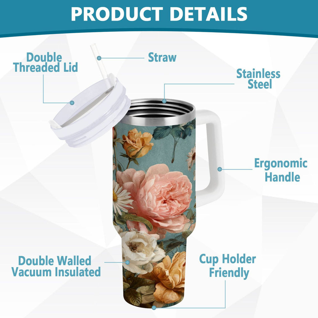 30 oz Insulated Stainless Steel Tumbler Double Wall Stainless Steel Tumbler with 2-Way Drinking Vintage Roses and Peonies 0GSB