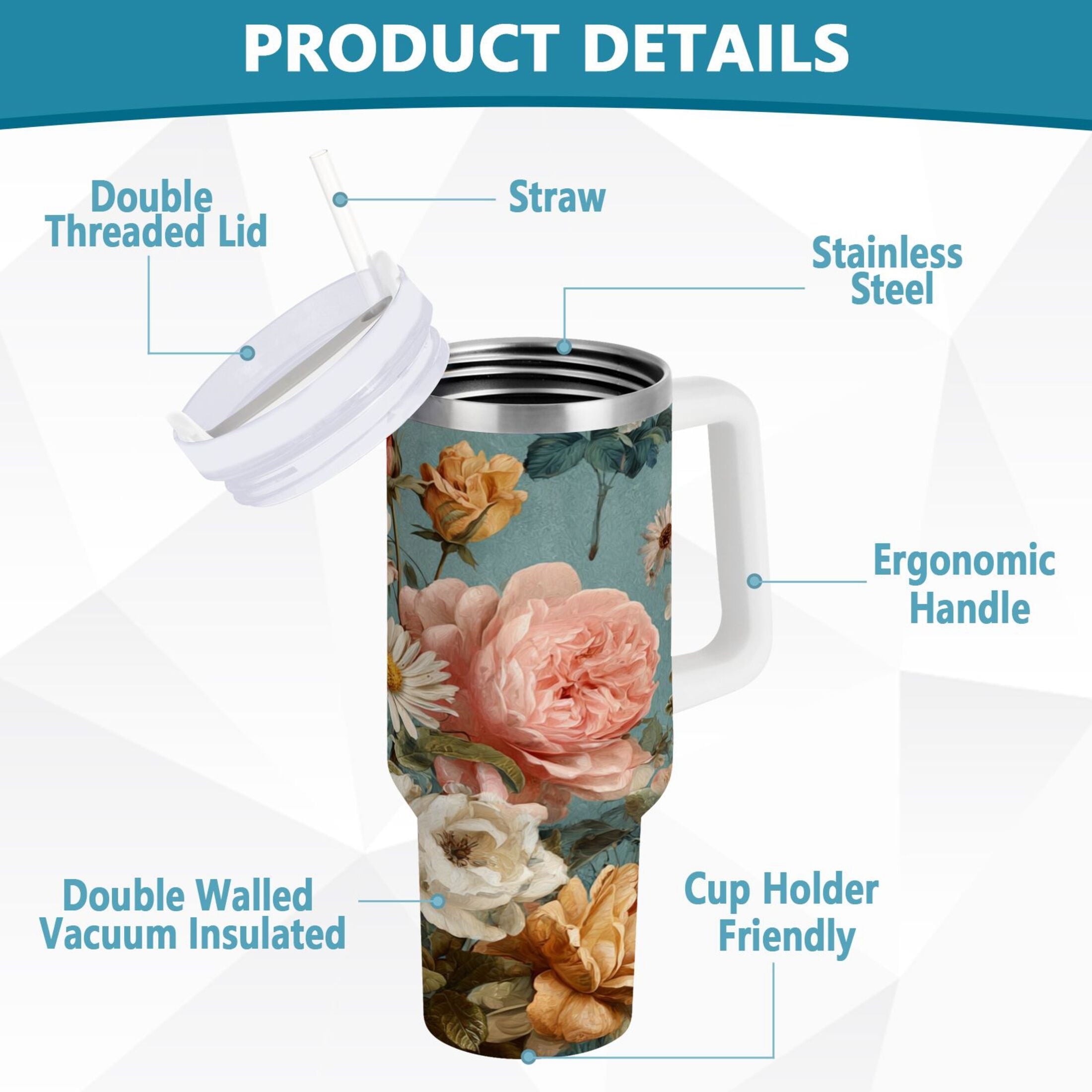 30 oz Insulated Stainless Steel Tumbler Double Wall Stainless Steel Tumbler with 2-Way Drinking Vintage Roses and Peonies 0GSB
