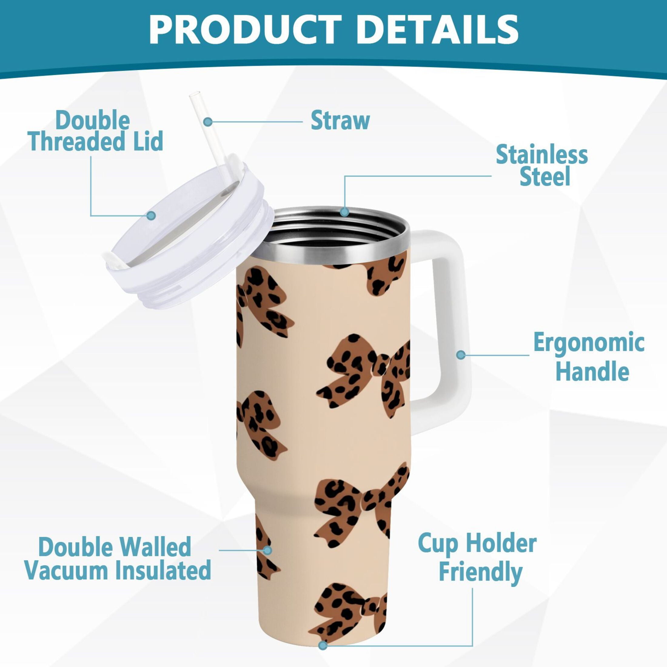 30 oz Insulated Stainless Steel Tumbler Double Wall Stainless Steel Tumbler with 2-Way Drinking Cute Brown Bow IAZV