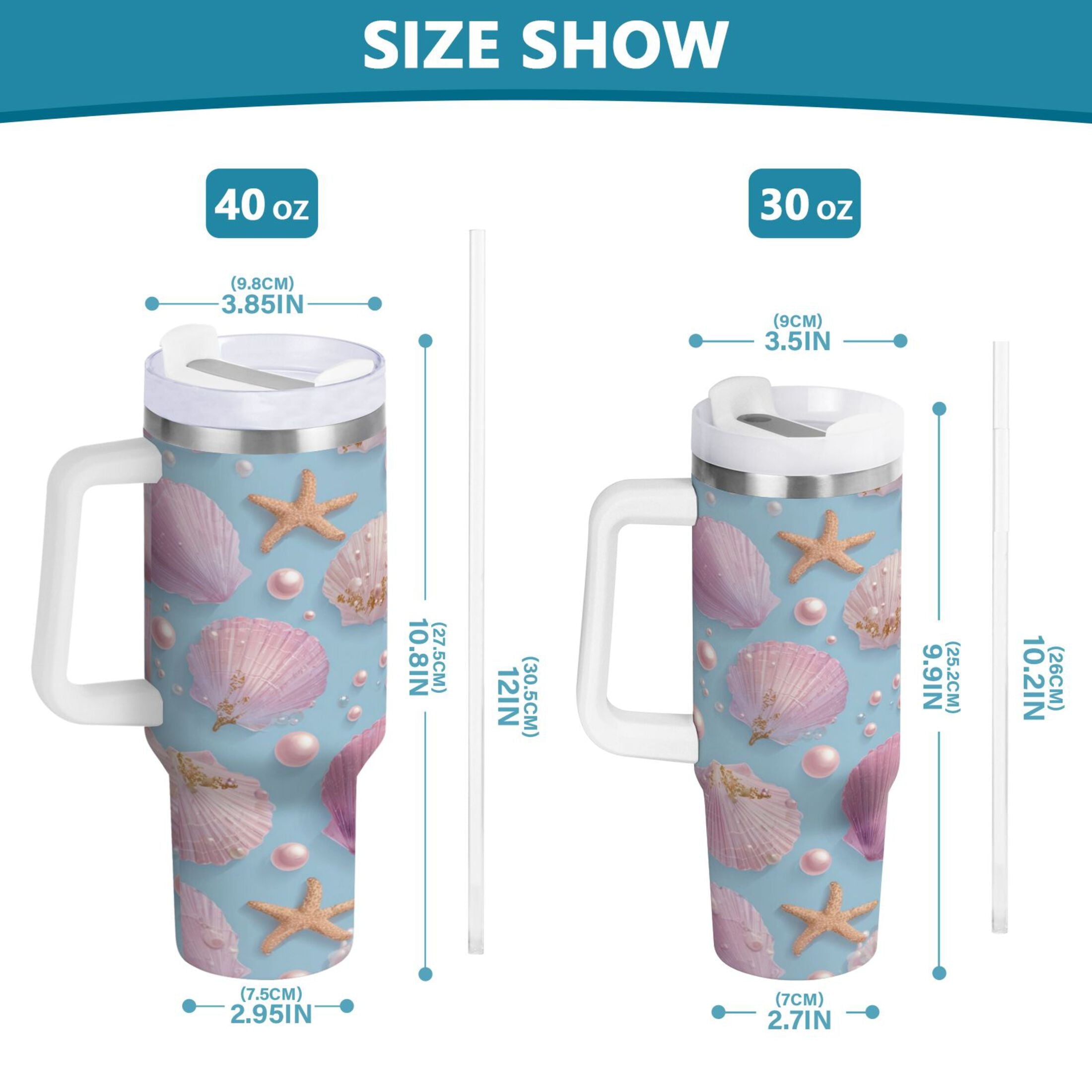 40 oz Insulated Stainless Steel Tumbler Double Wall Stainless Steel Tumbler with 2-Way Drinking Seashells and Pearls Pattern D63B