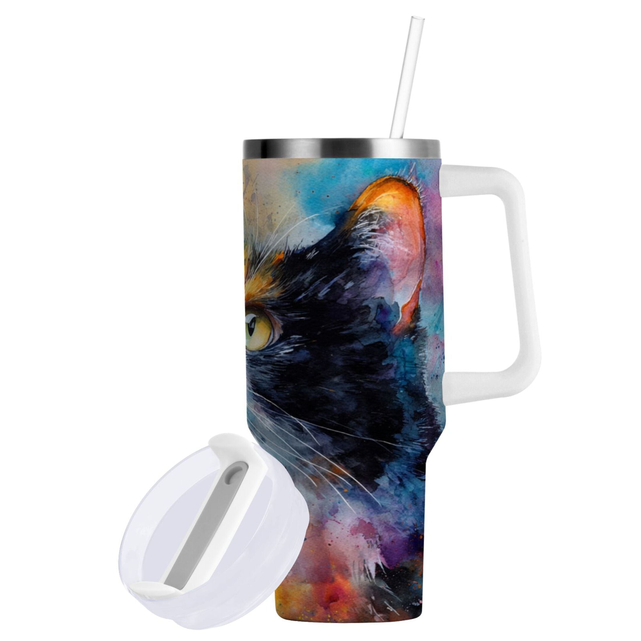 30 oz Insulated Stainless Steel Tumbler Double Wall Stainless Steel Tumbler with 2-Way Drinking Watercolor Calico Cat E9SJ