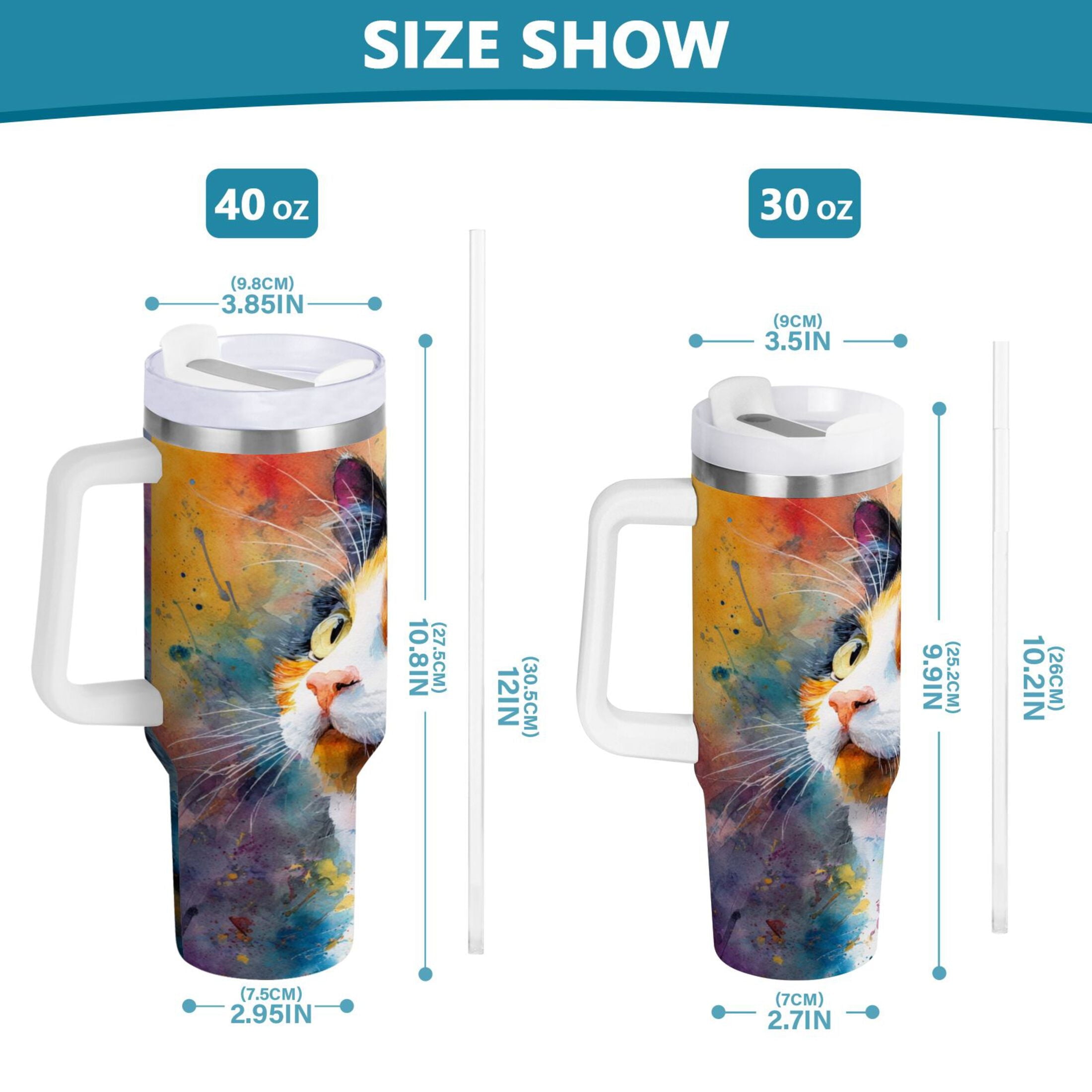 30 oz Insulated Stainless Steel Tumbler Double Wall Stainless Steel Tumbler with 2-Way Drinking Watercolor Calico Cat E9SJ
