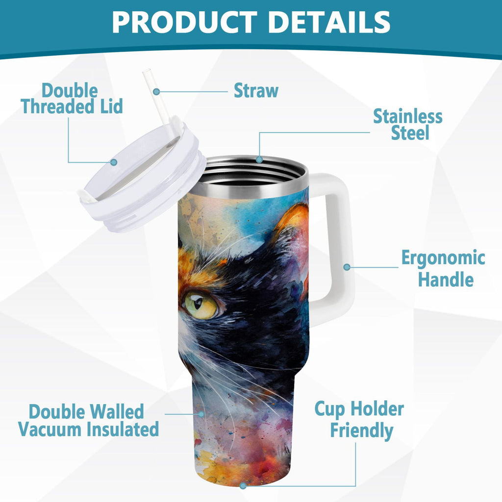 30 oz Insulated Stainless Steel Tumbler Double Wall Stainless Steel Tumbler with 2-Way Drinking Watercolor Calico Cat E9SJ