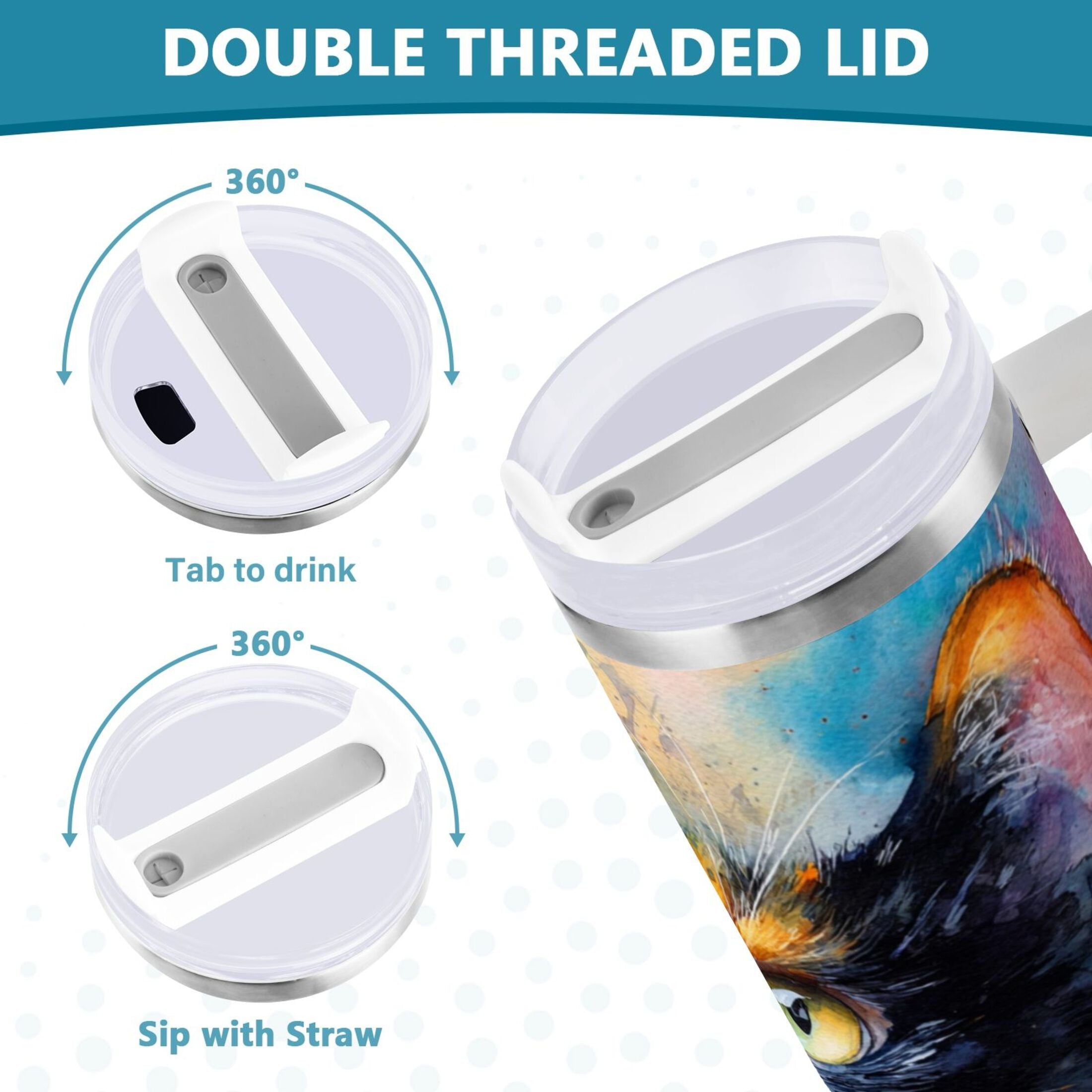 30 oz Insulated Stainless Steel Tumbler Double Wall Stainless Steel Tumbler with 2-Way Drinking Watercolor Calico Cat E9SJ