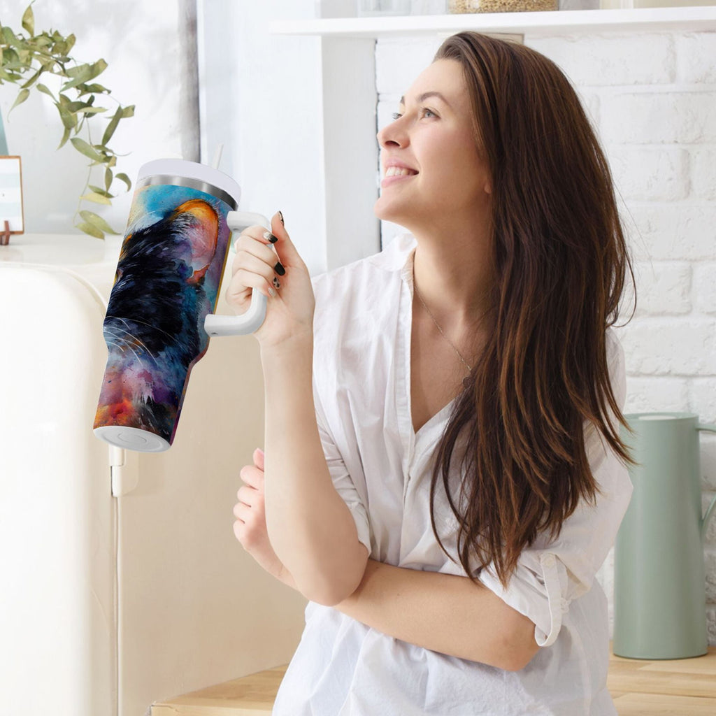 30 oz Insulated Stainless Steel Tumbler Double Wall Stainless Steel Tumbler with 2-Way Drinking Watercolor Calico Cat E9SJ