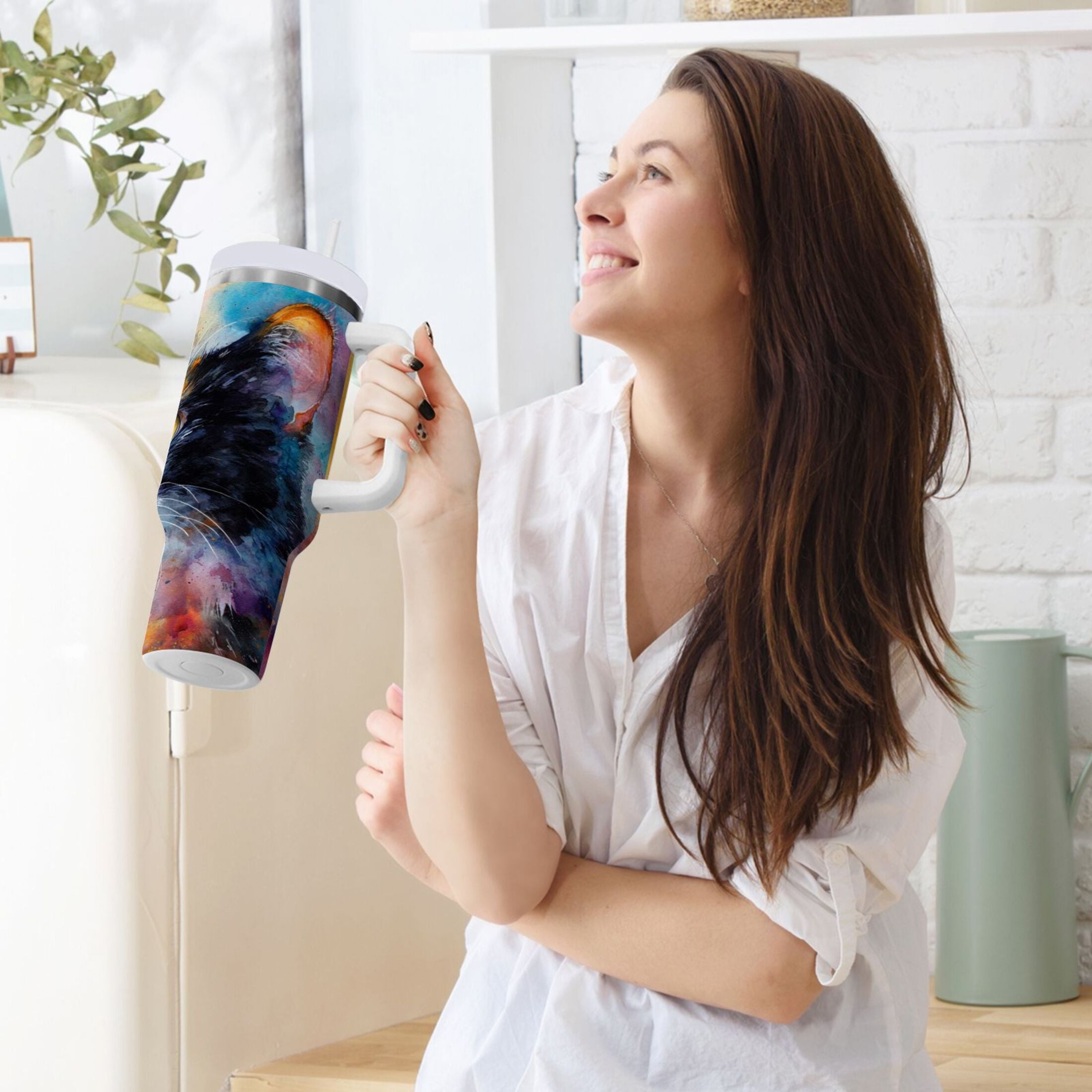 30 oz Insulated Stainless Steel Tumbler Double Wall Stainless Steel Tumbler with 2-Way Drinking Watercolor Calico Cat E9SJ