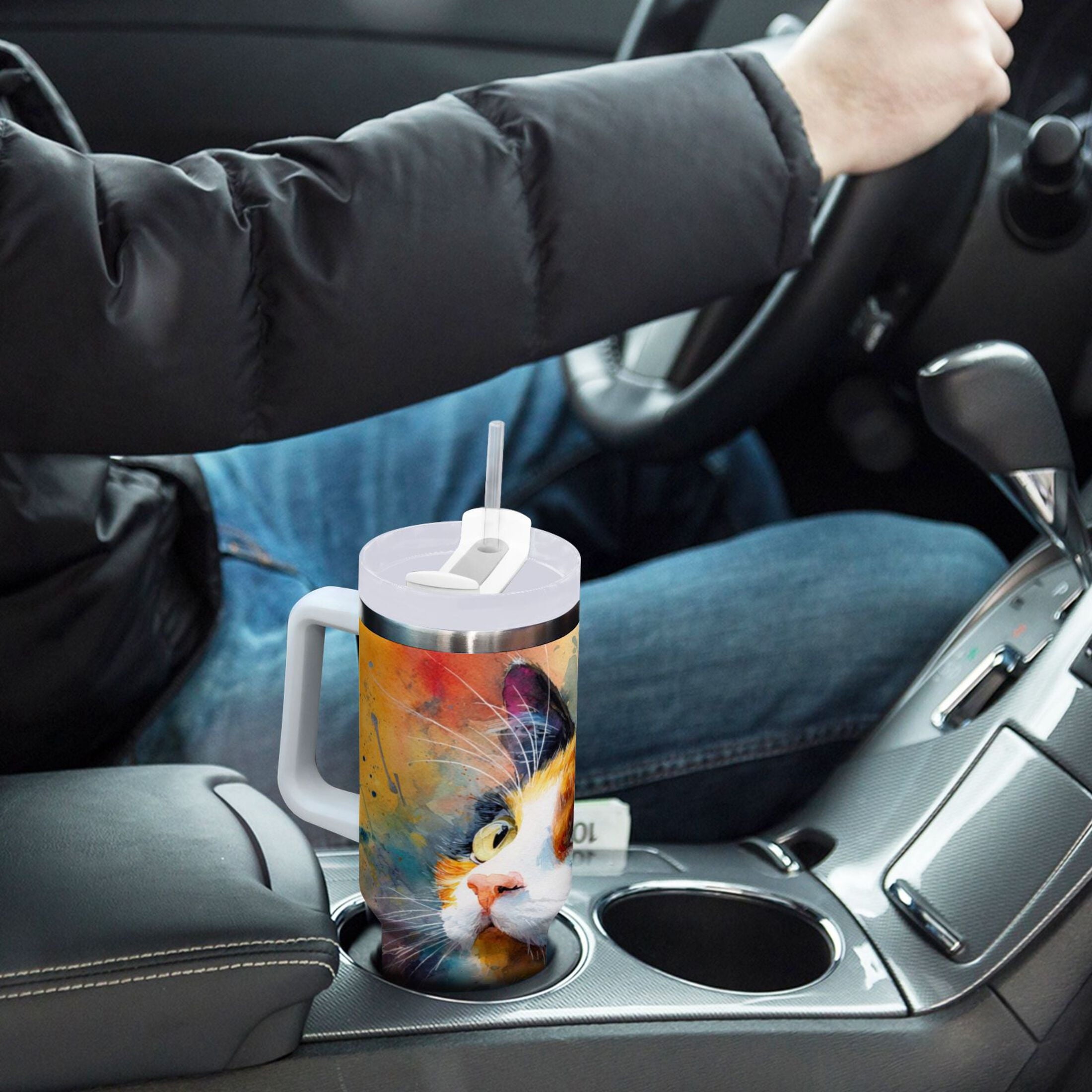 30 oz Insulated Stainless Steel Tumbler Double Wall Stainless Steel Tumbler with 2-Way Drinking Watercolor Calico Cat E9SJ