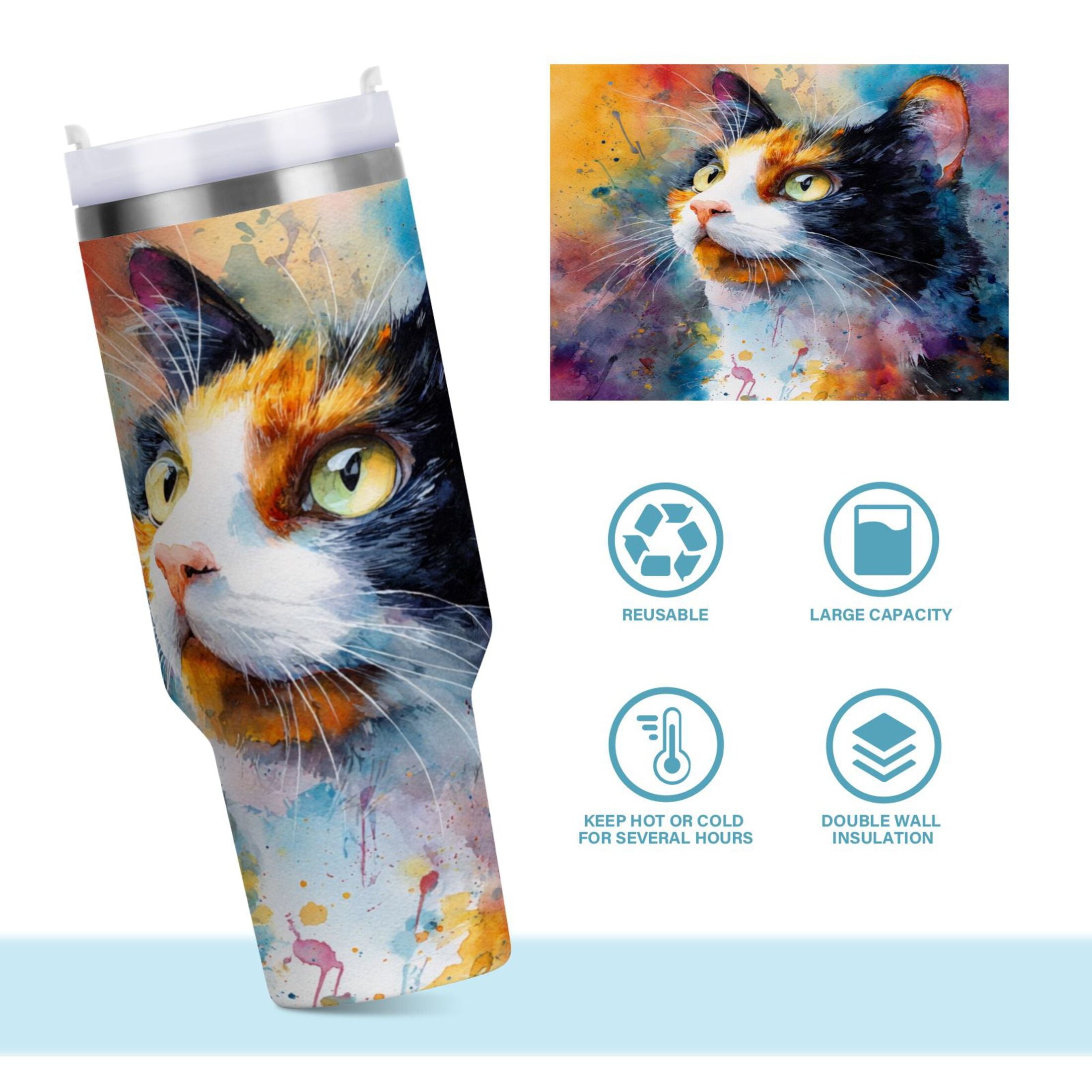 30 oz Insulated Stainless Steel Tumbler Double Wall Stainless Steel Tumbler with 2-Way Drinking Watercolor Calico Cat E9SJ