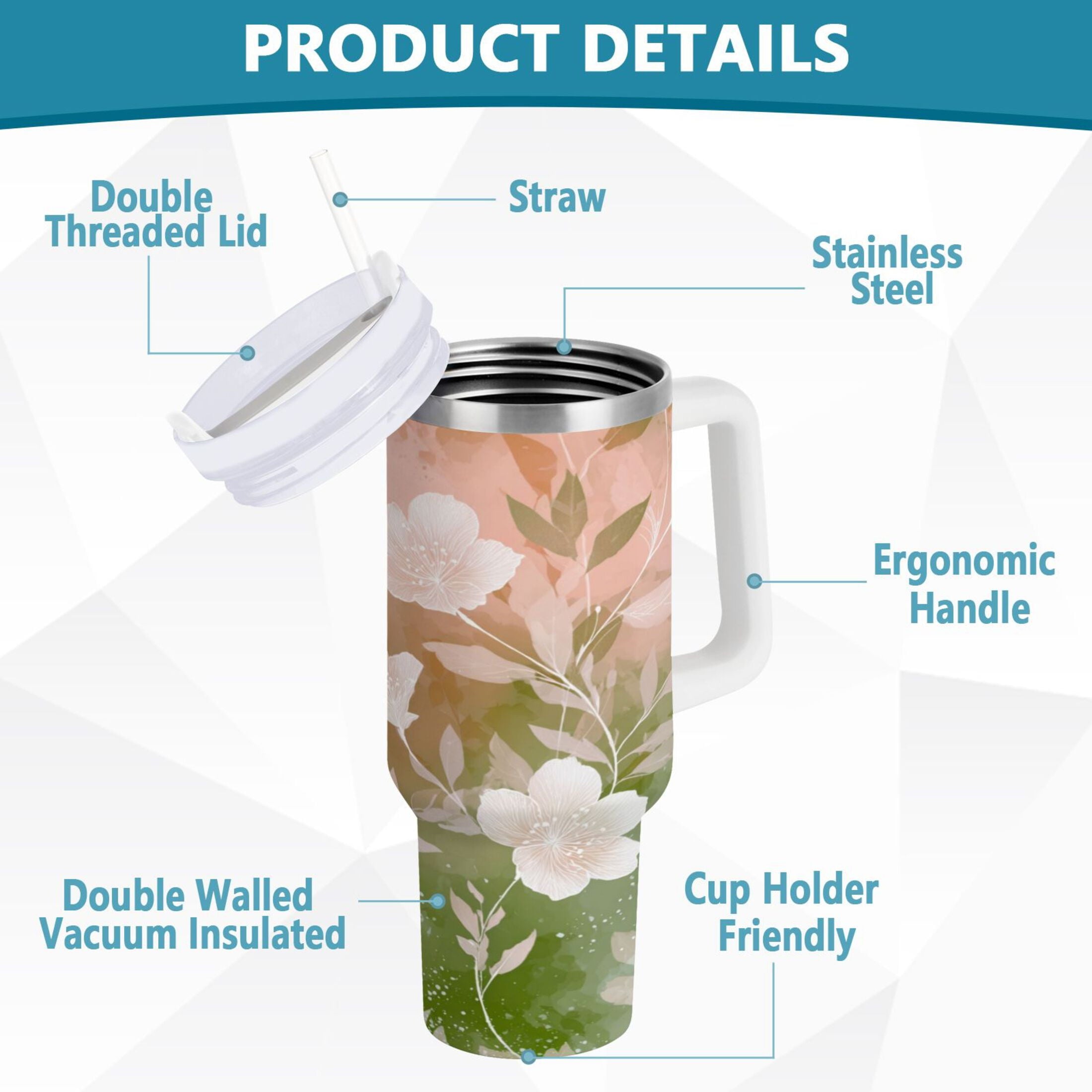 30 oz Insulated Stainless Steel Tumbler Double Wall Stainless Steel Tumbler with 2-Way Drinking Gradient Elegant Floral XZB5