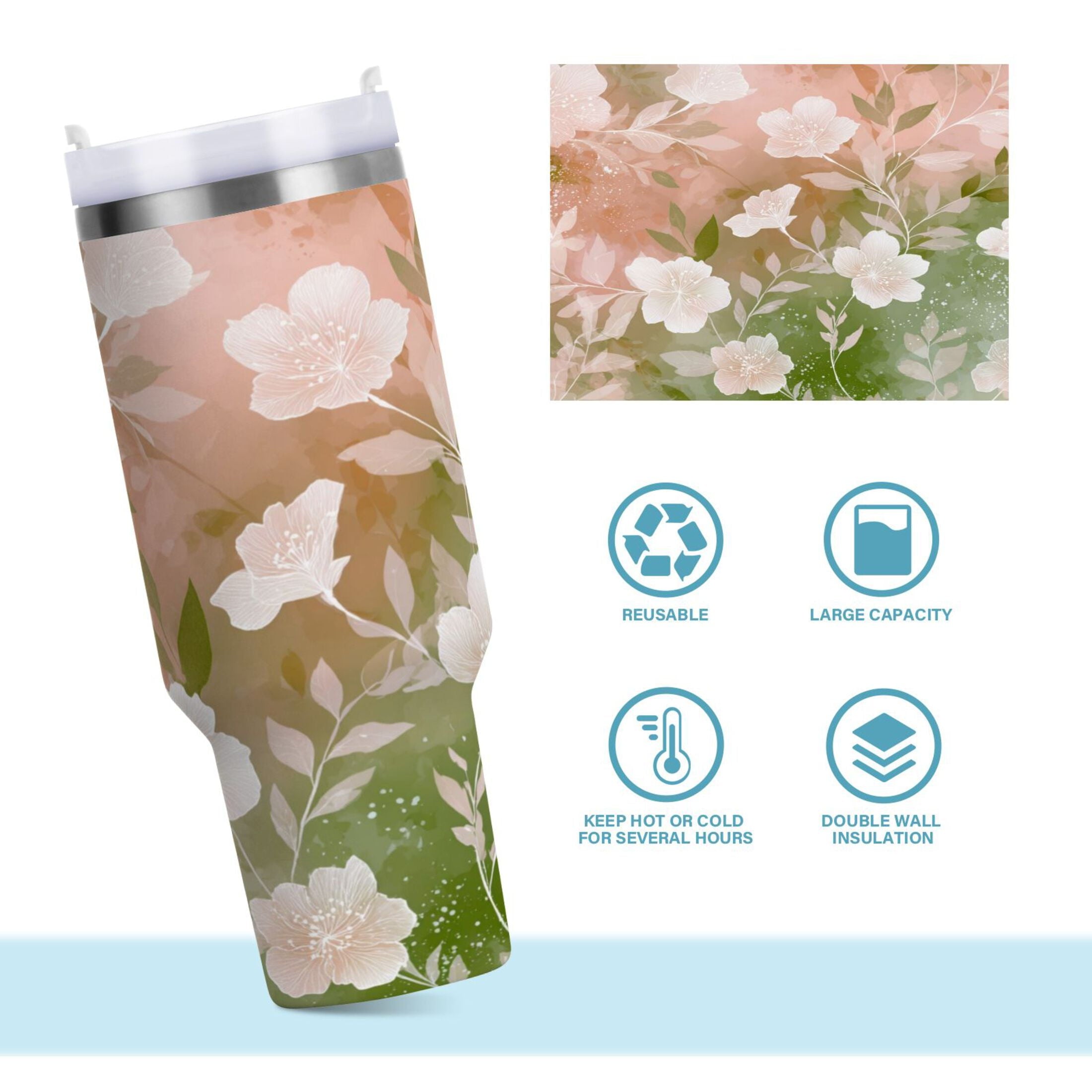 30 oz Insulated Stainless Steel Tumbler Double Wall Stainless Steel Tumbler with 2-Way Drinking Gradient Elegant Floral XZB5