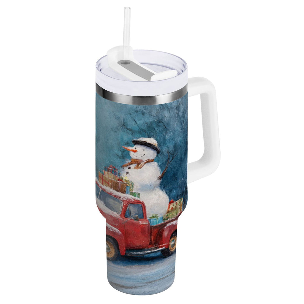 40 oz Insulated Stainless Steel Tumbler Double Wall Stainless Steel Tumbler with 2-Way Drinking Christmas Snowman in A Red Truck 21X5