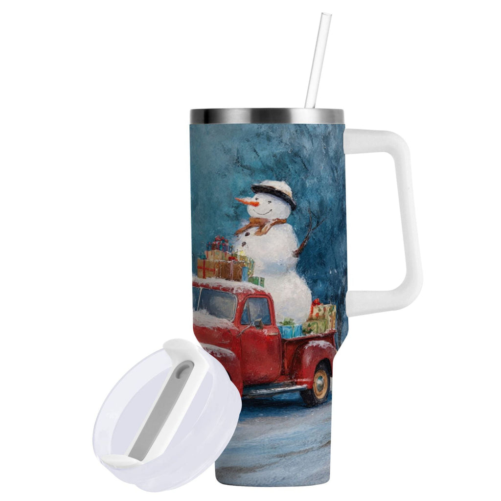 40 oz Insulated Stainless Steel Tumbler Double Wall Stainless Steel Tumbler with 2-Way Drinking Christmas Snowman in A Red Truck 21X5