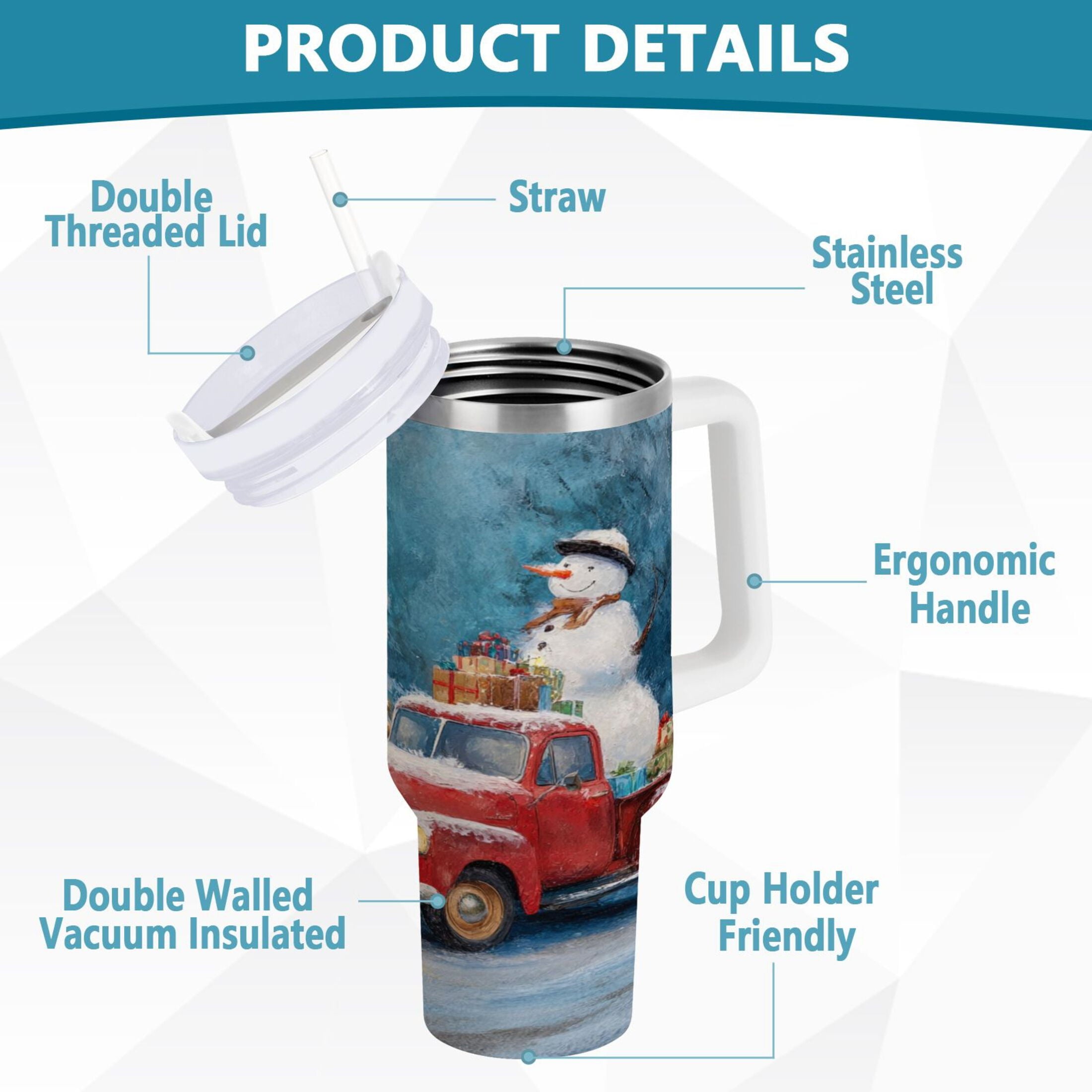 40 oz Insulated Stainless Steel Tumbler Double Wall Stainless Steel Tumbler with 2-Way Drinking Christmas Snowman in A Red Truck 21X5