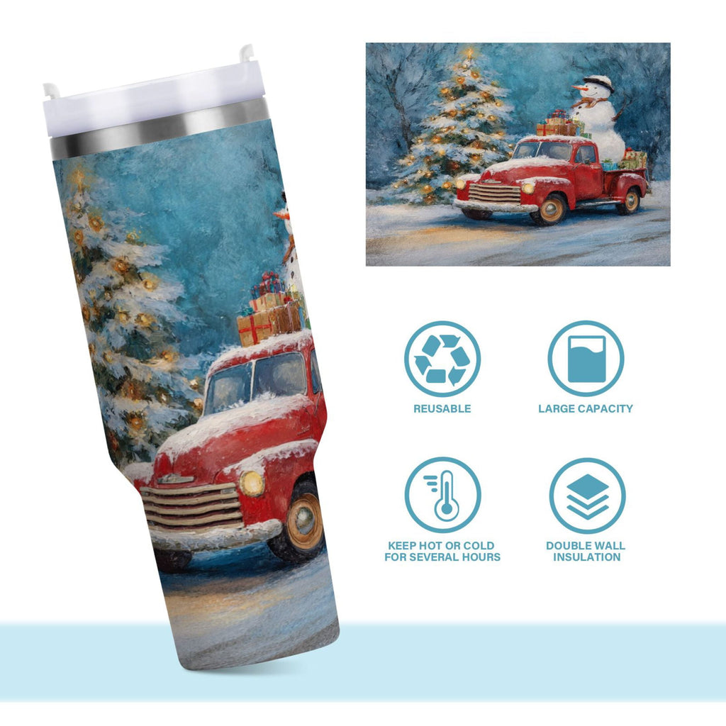40 oz Insulated Stainless Steel Tumbler Double Wall Stainless Steel Tumbler with 2-Way Drinking Christmas Snowman in A Red Truck 21X5