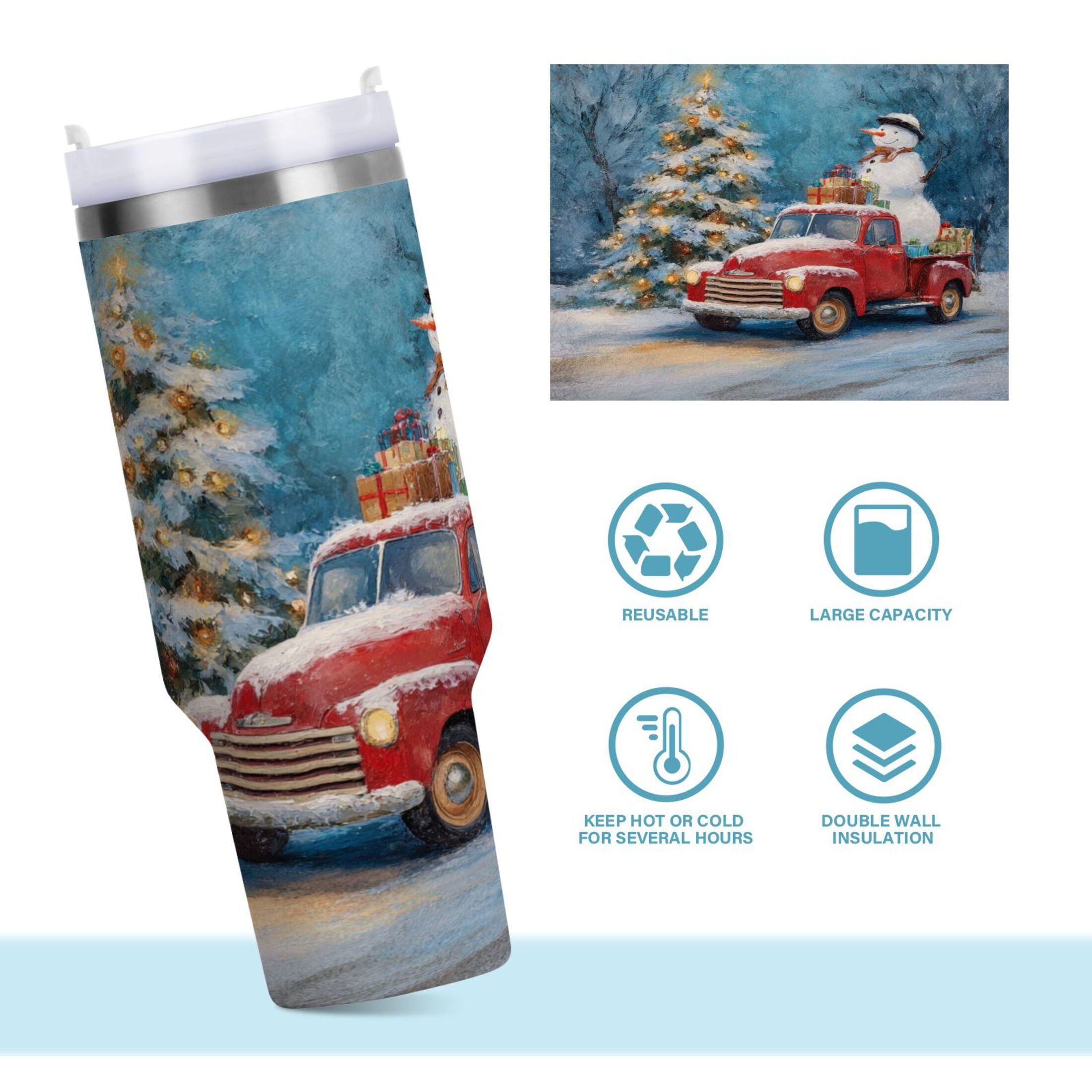 40 oz Insulated Stainless Steel Tumbler Double Wall Stainless Steel Tumbler with 2-Way Drinking Christmas Snowman in A Red Truck 21X5